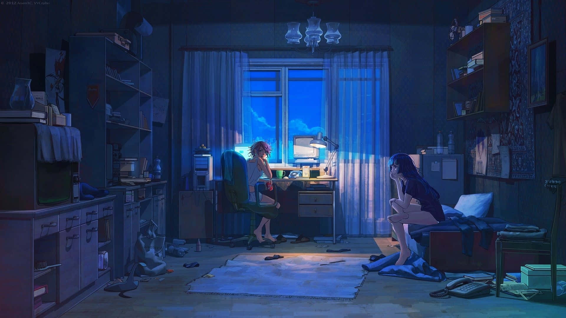 Dark Room, anime girls, cluttered bedroom, Full HD Desktop Wallpaper