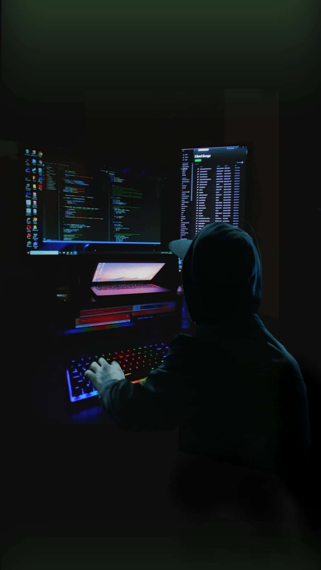 Dark Room, hooded figure, glowing keyboard, Full HD Phone Wallpaper