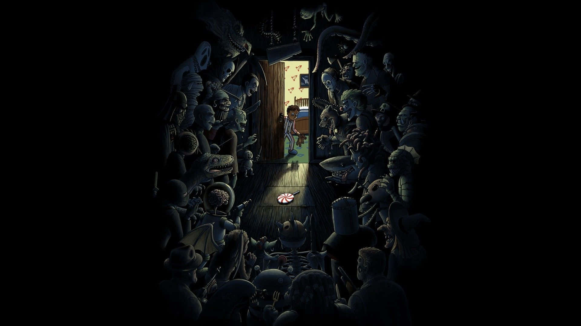 dimly lit room, dim hallway, grotesque shadowy creatures, Full HD Desktop Wallpaper