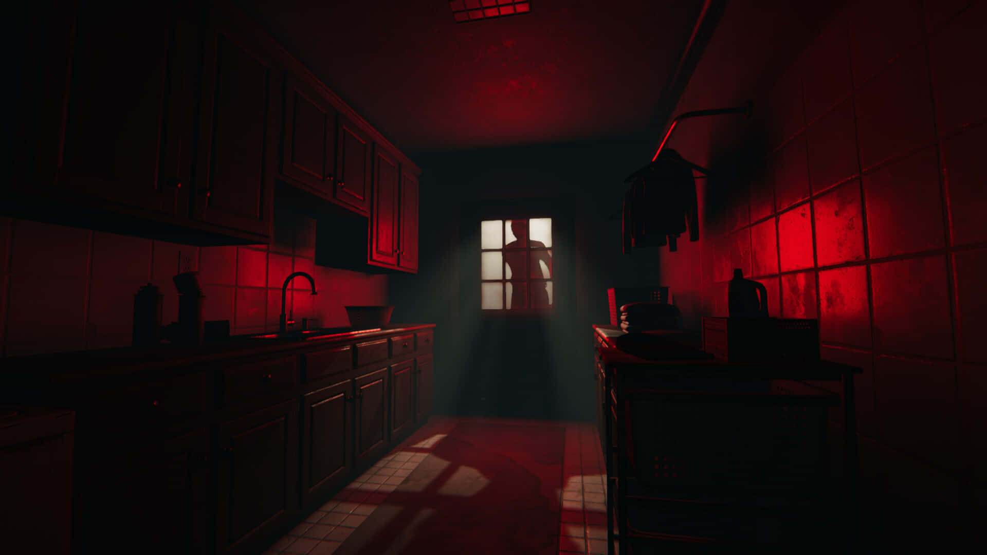 Dark Room, dim red-lit kitchen, shadowy figure silhouetted at a window, Full HD Desktop Wallpaper