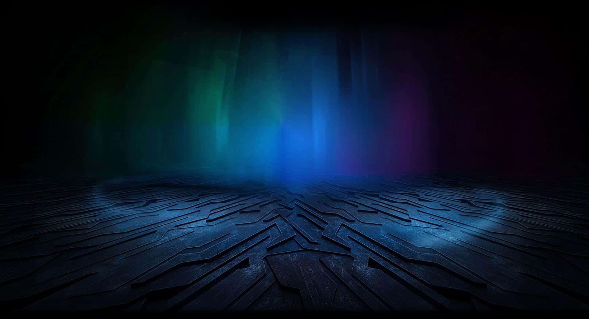 dark futuristic room, geometric floor patterns, vibrant blue green and purple neon lights, Full HD Desktop Wallpaper