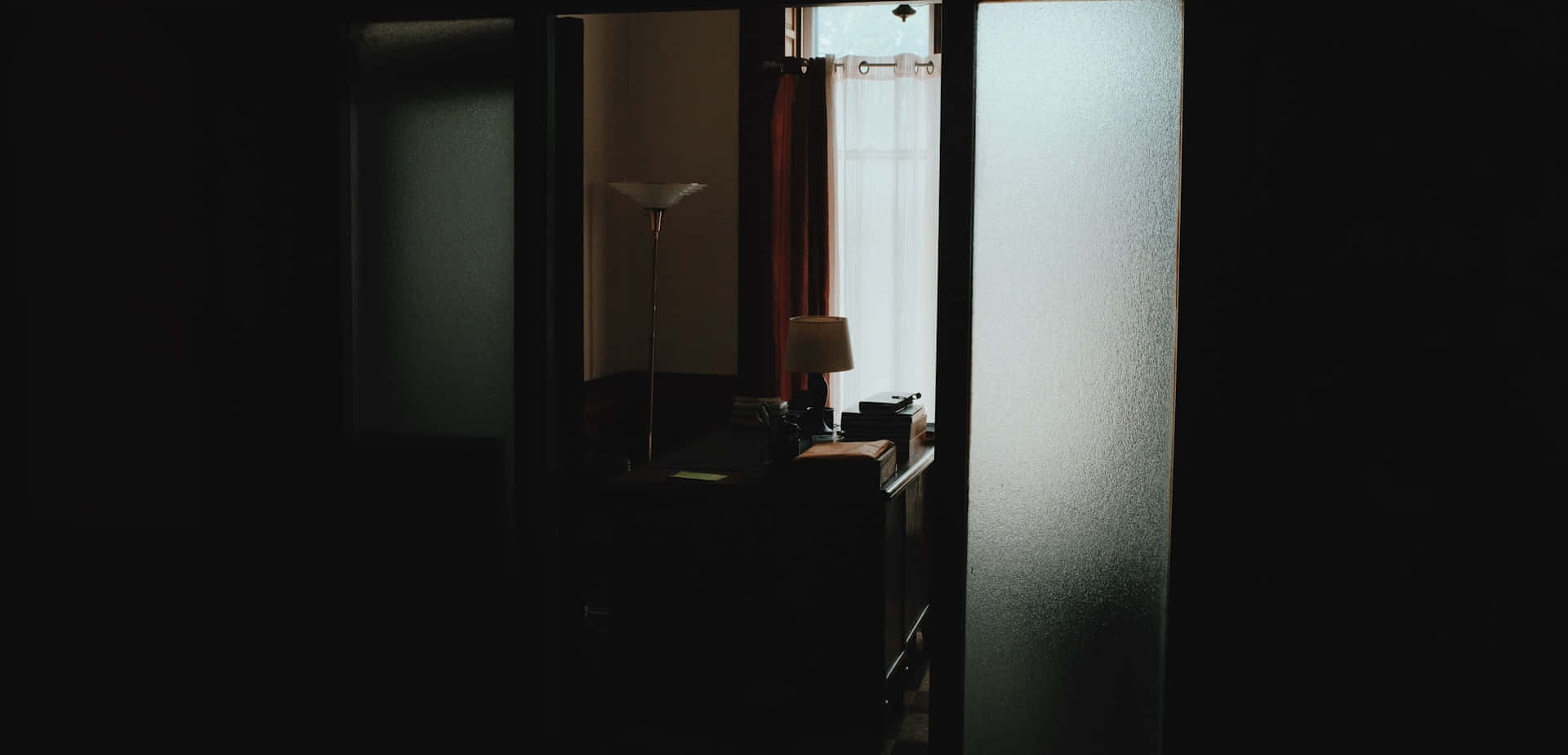 Dark Room, frosted glass door, sheer curtains, Full HD Desktop Wallpaper