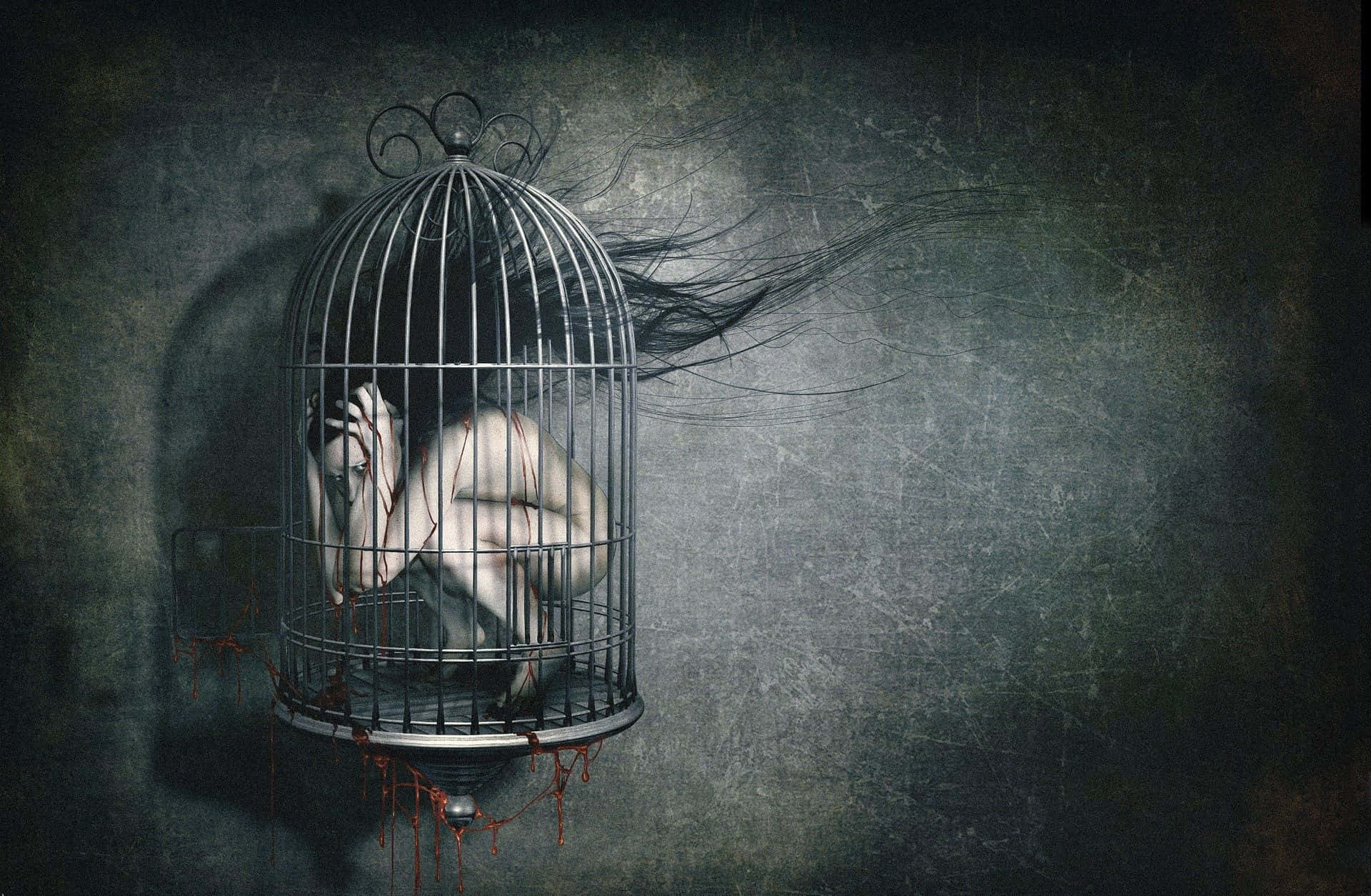 Dark Sad, pale figure, rusted birdcage, Full HD Desktop Wallpaper
