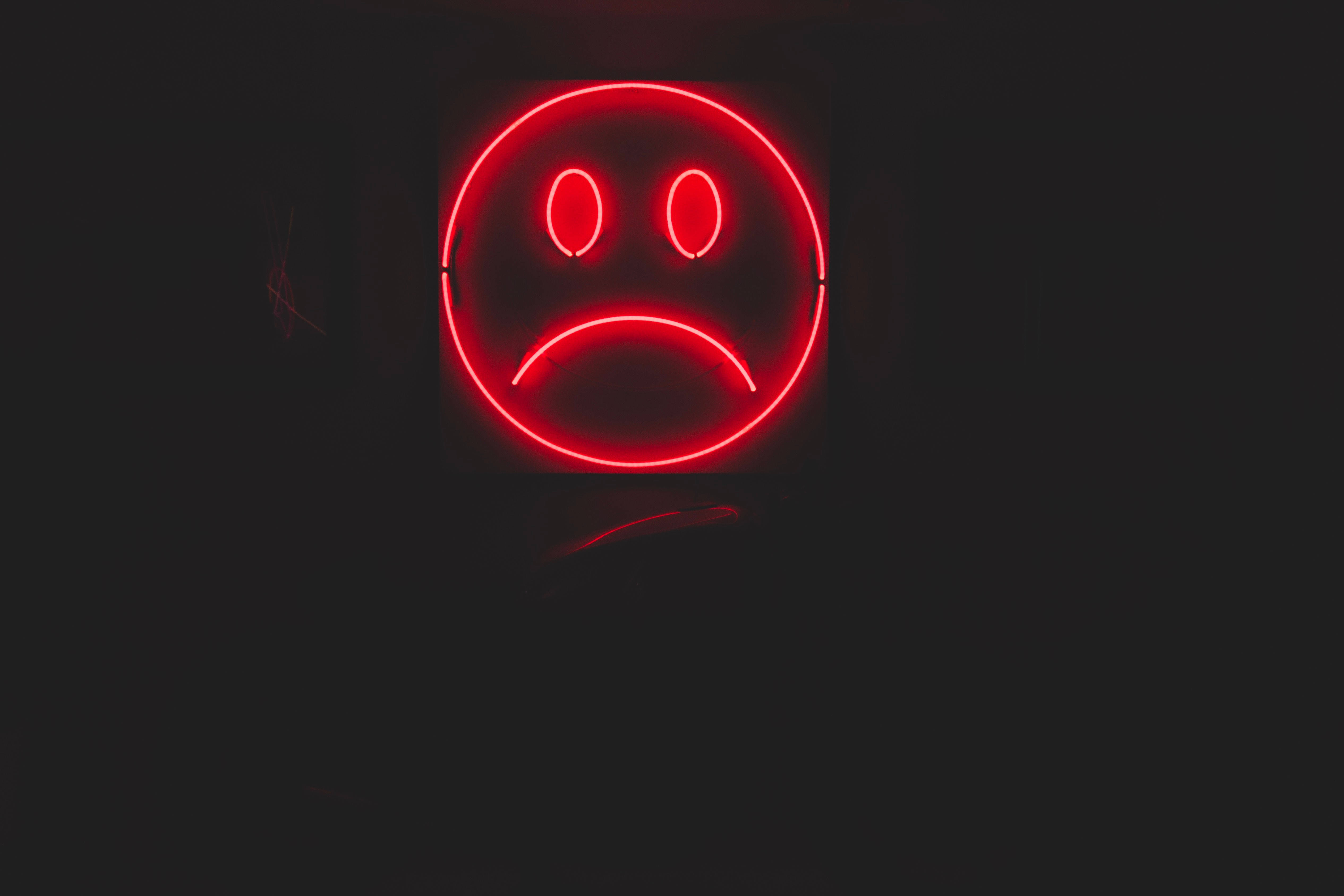 Dark Sad, red neon, sad face sign, 4K Desktop Wallpaper