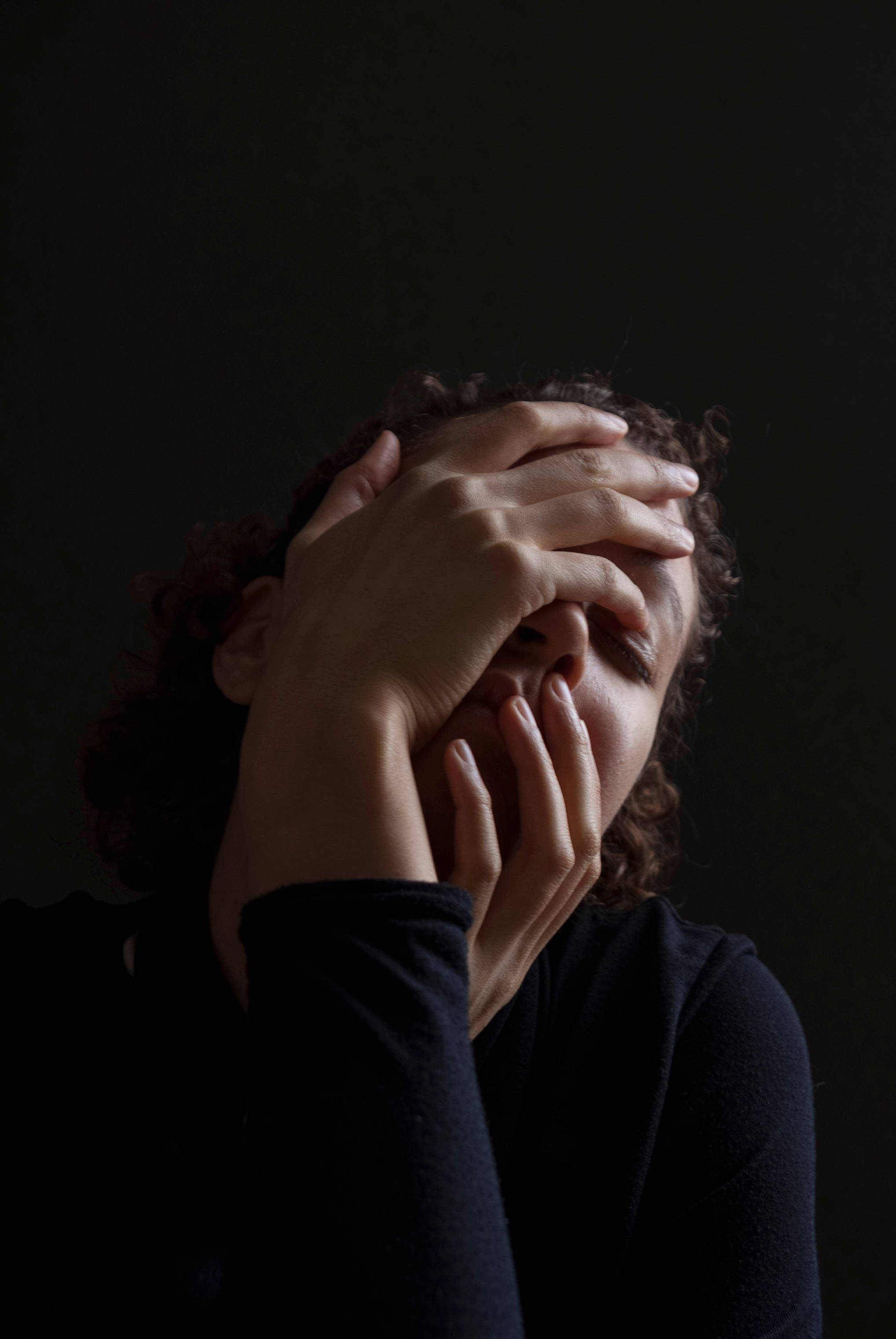 Dark Sad, curly hair, hands, 2K Phone Wallpaper