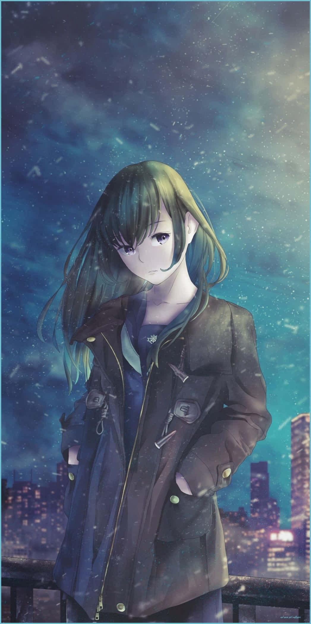 green hair, snowy cityscape, starry night sky, Full HD Phone Wallpaper