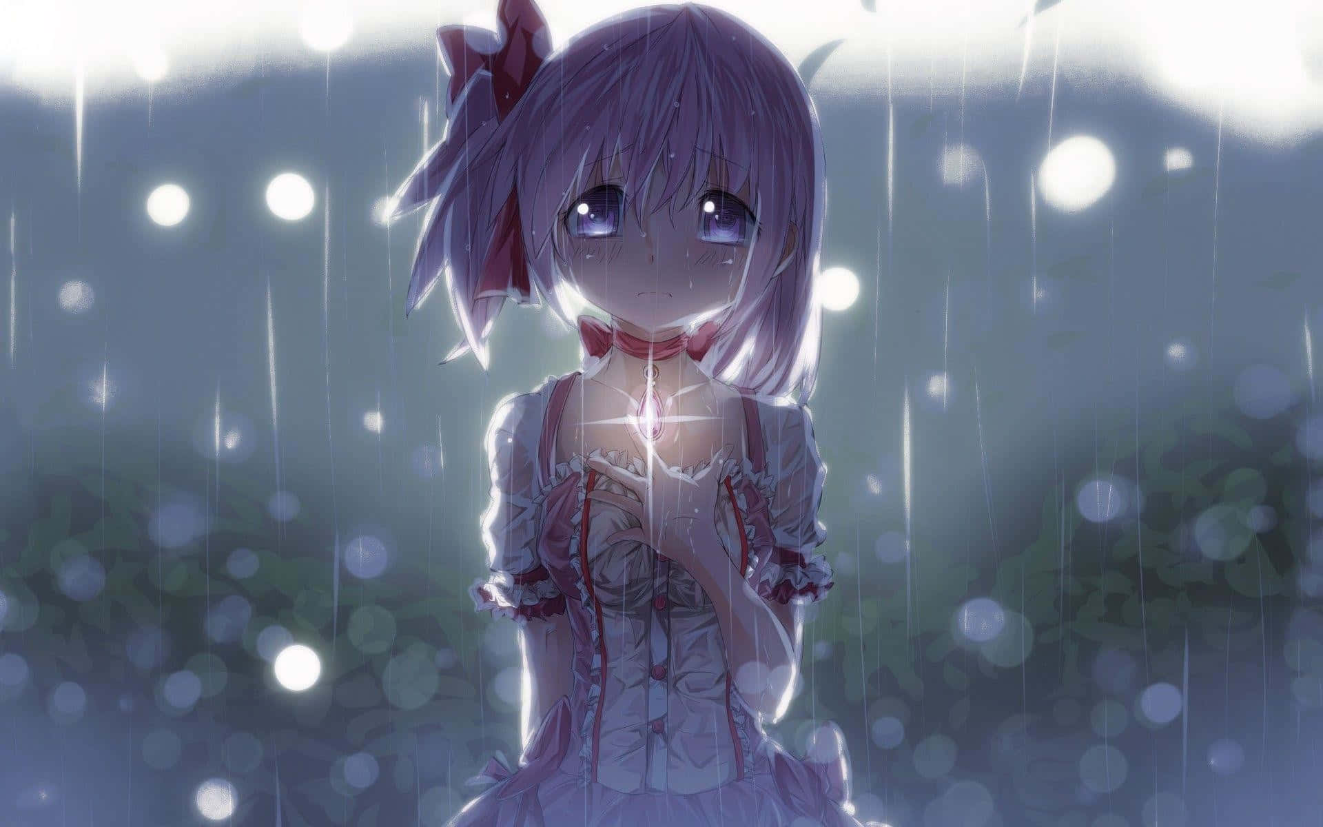 purple-haired anime girl, frilly dress, rain, Full HD Desktop Wallpaper