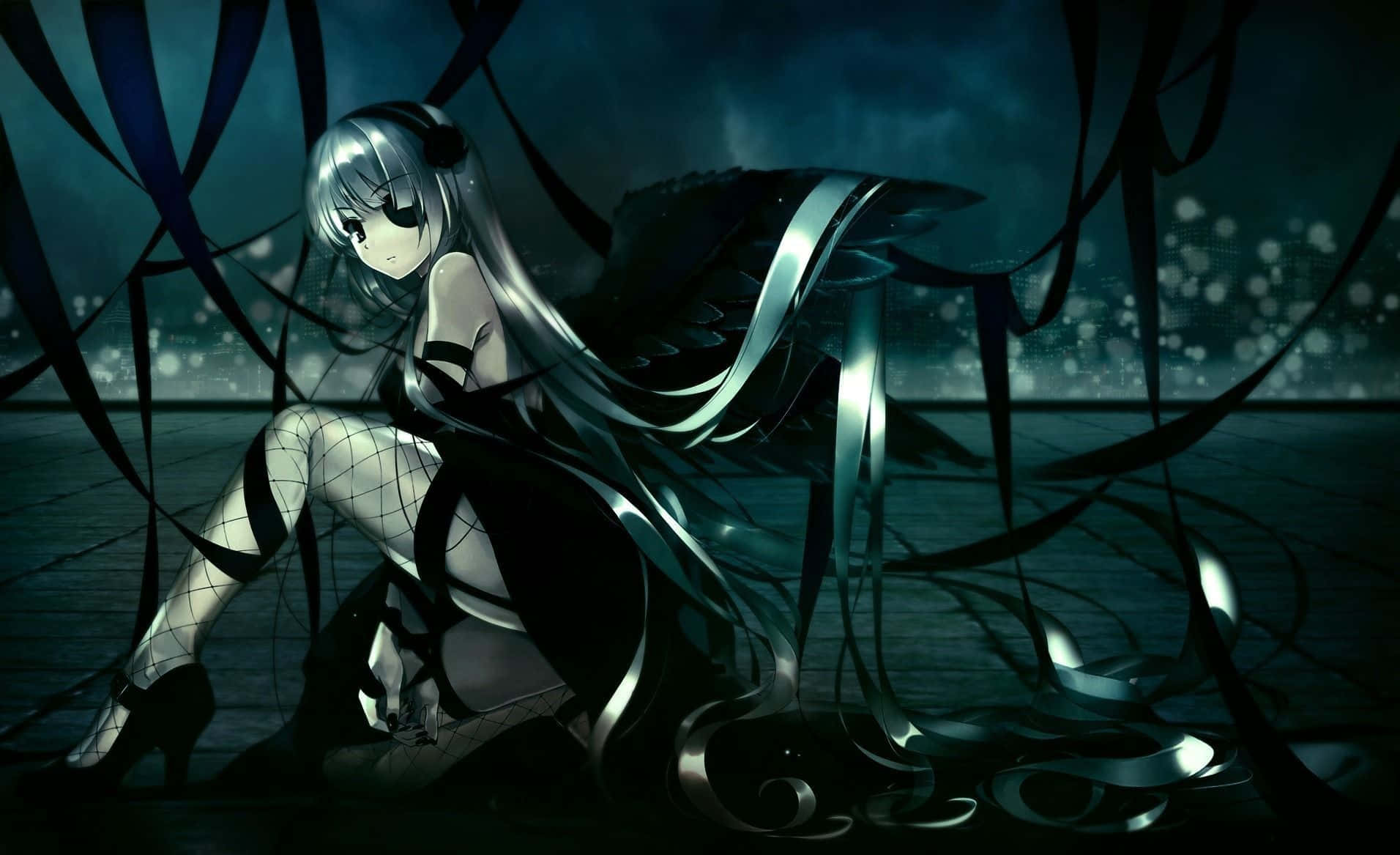 silver-haired anime girl, black wings, dark ribbons, HD Desktop Wallpaper
