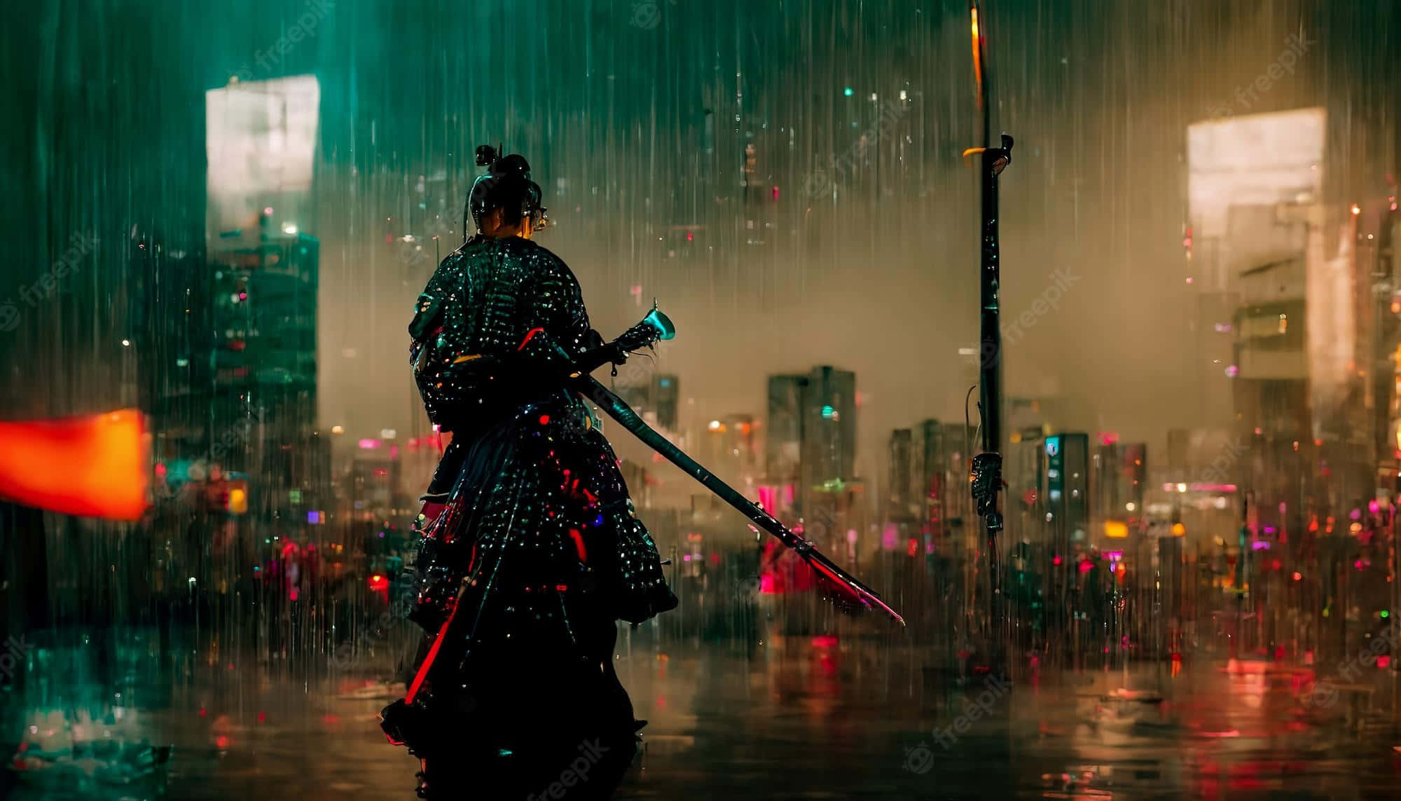 Dark Samurai, neon-drenched, rain-soaked cityscape, Full HD Desktop Wallpaper