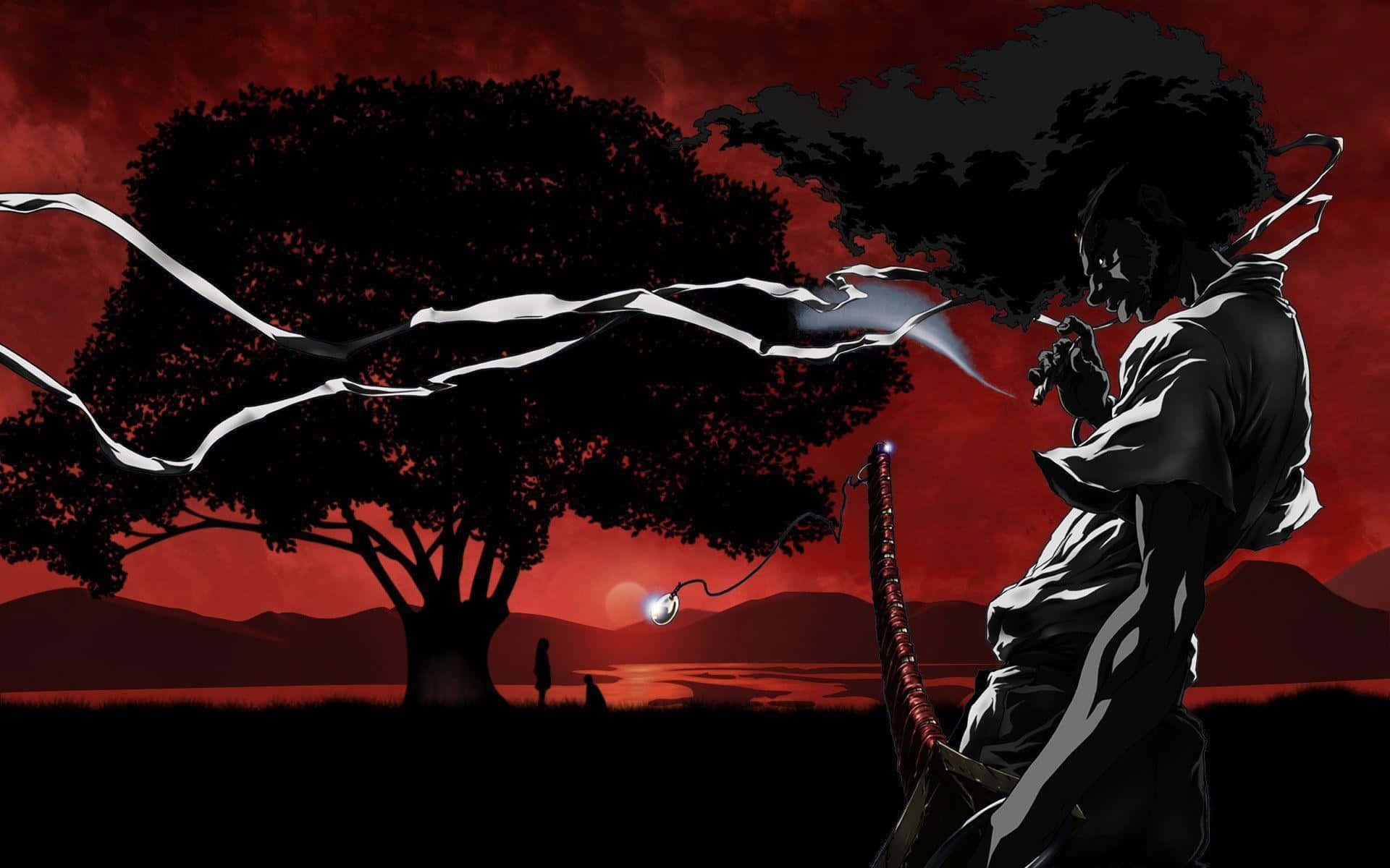 Dark Samurai, blood-red sky, white ribbons, Full HD Desktop Wallpaper