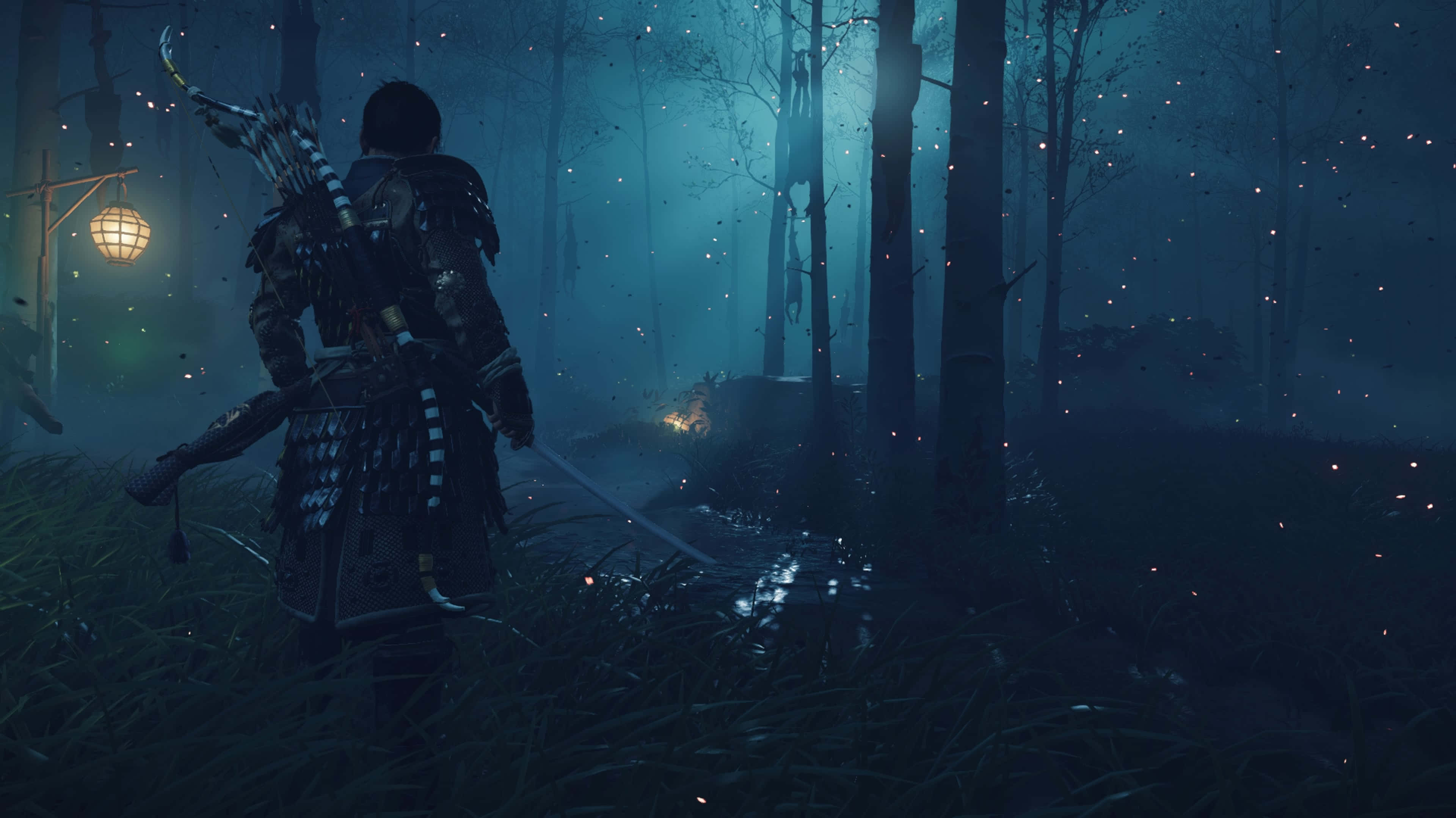 Dark Samurai, dark armor, misty blue forest, 4K Desktop Wallpaper