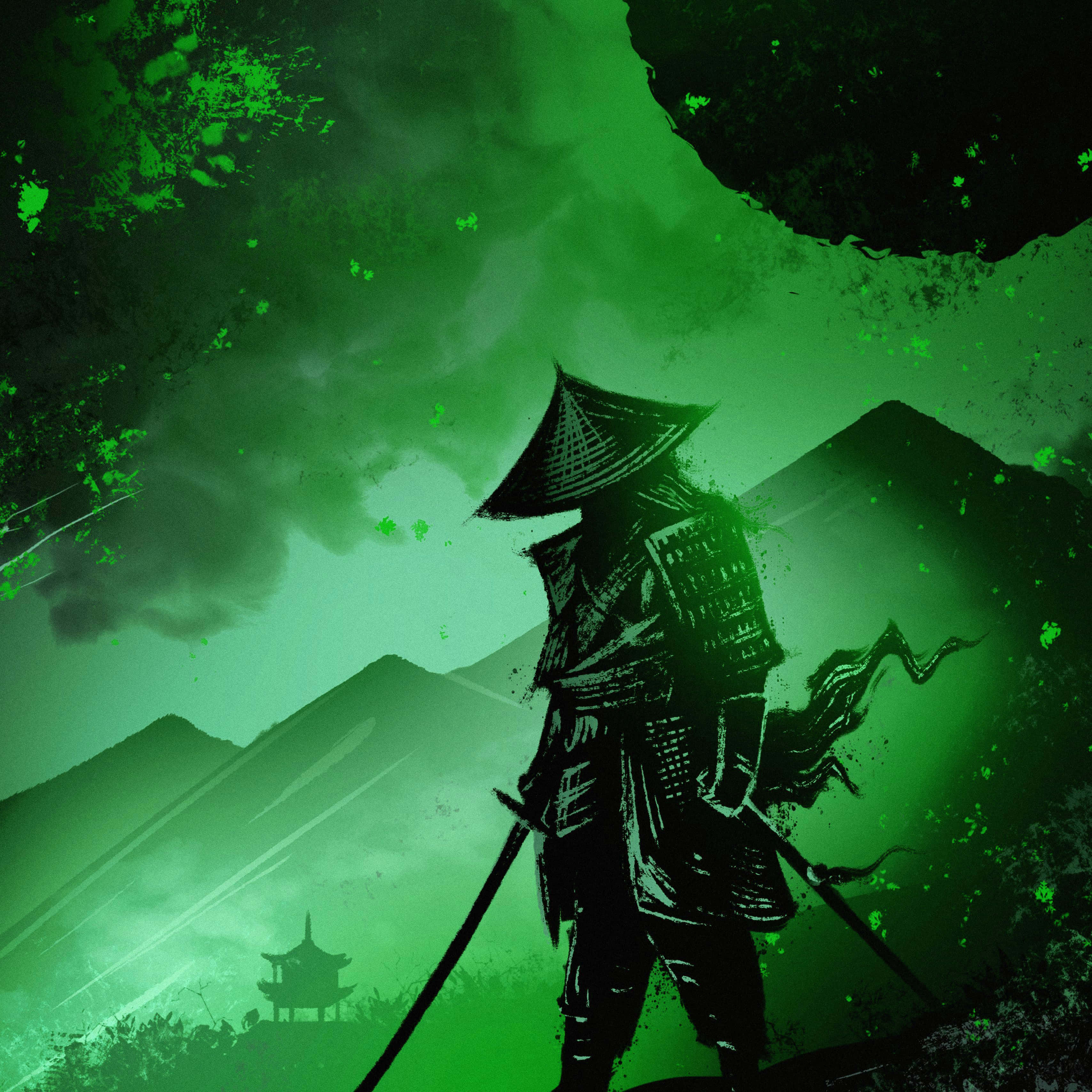 Dark Samurai, Green Hills, pagoda, 2K Desktop Wallpaper