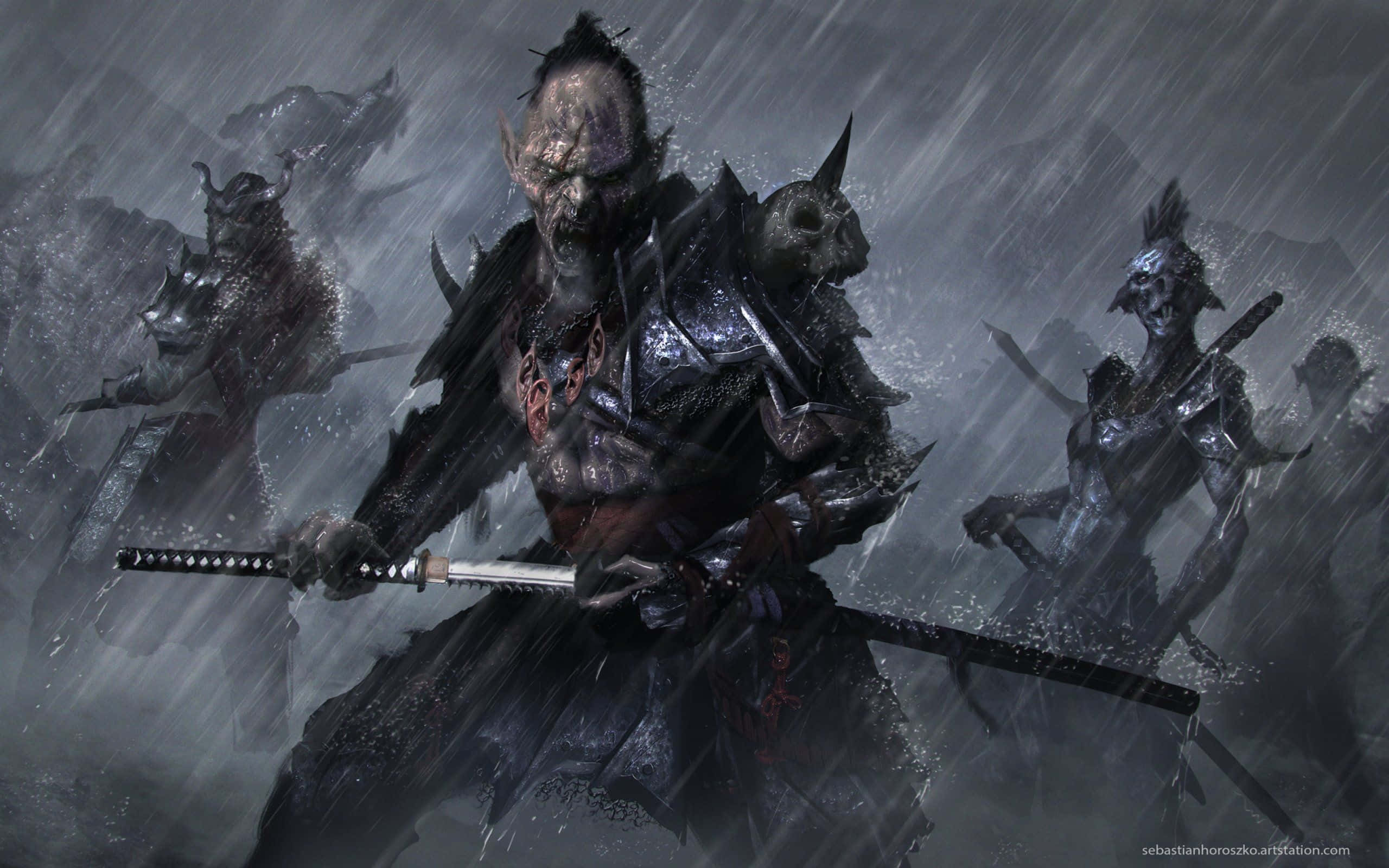Dark Samurai, spiked armor, dual swords, 2K Desktop Wallpaper