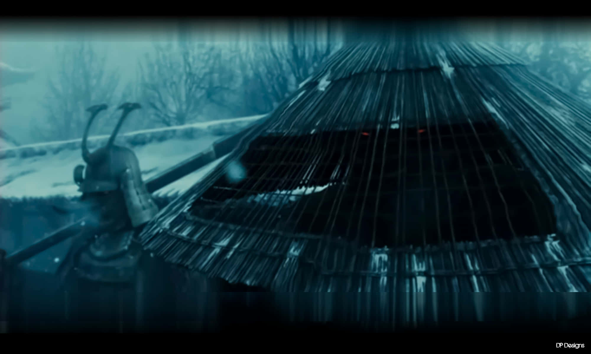 Dark Samurai, snowy winter forest, broken thatched roof, Full HD Desktop Wallpaper