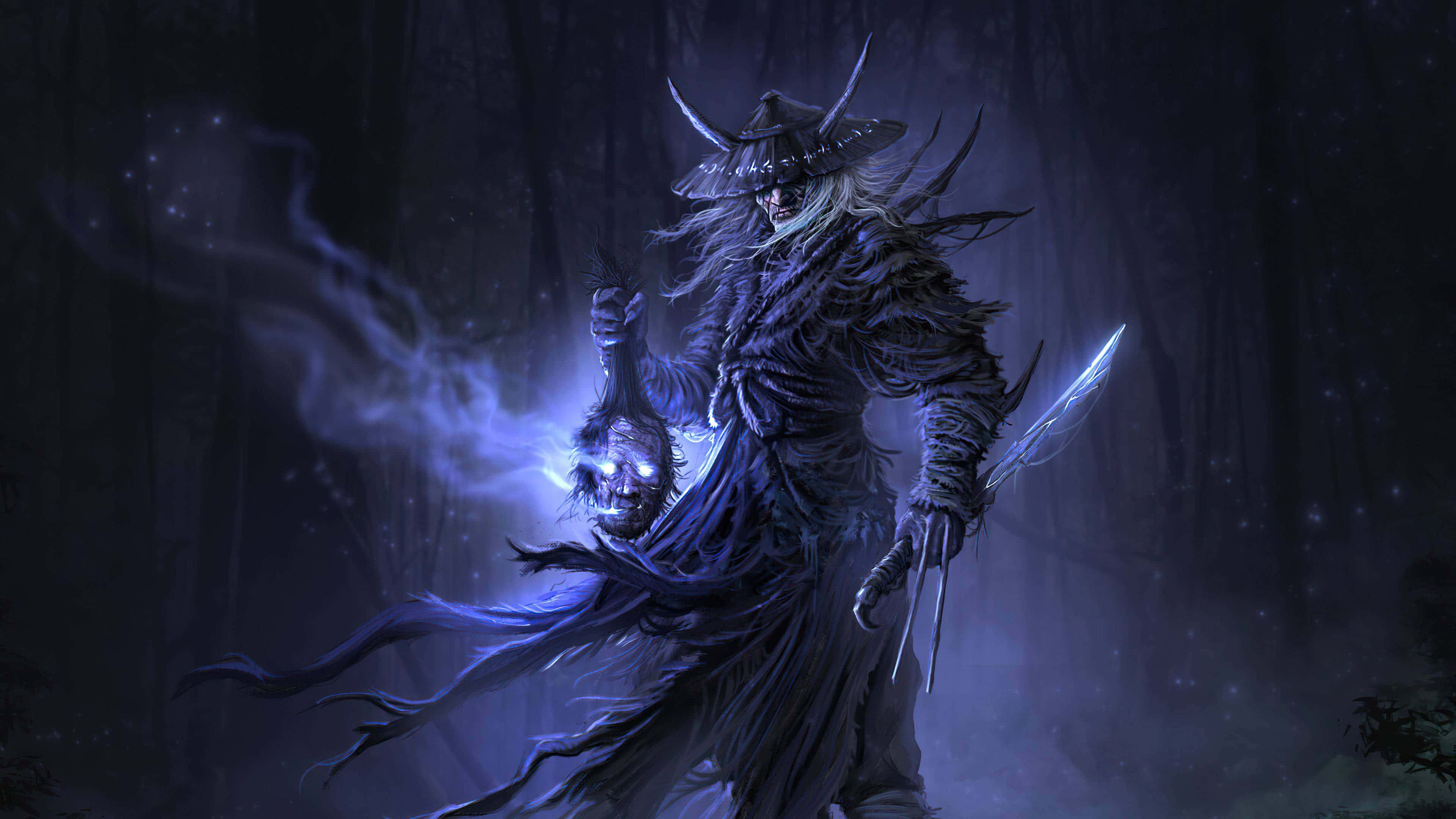 Dark Samurai, horned helmet, glowing skull, 4K Desktop Wallpaper