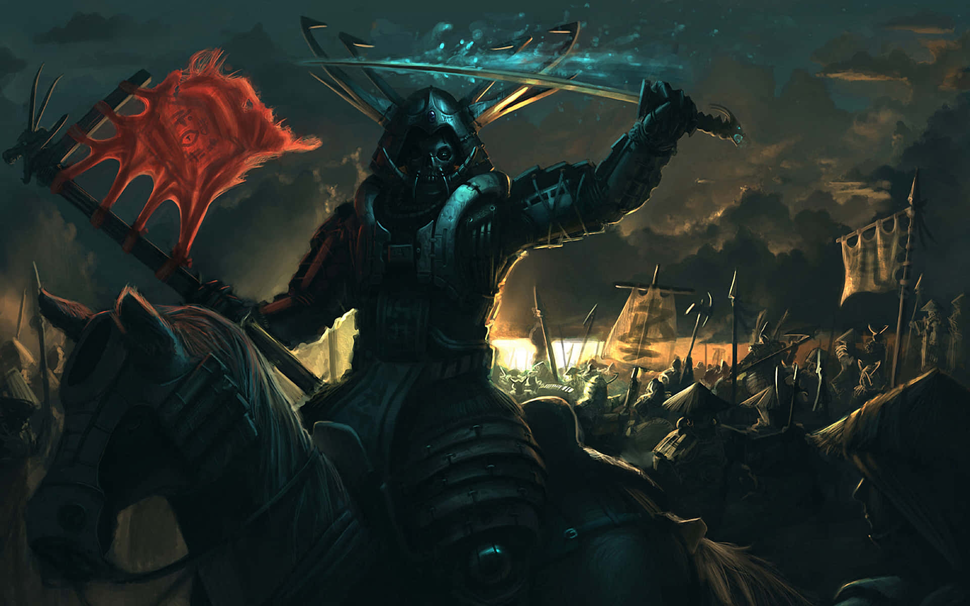 Dark Samurai, horseback, glowing sword, Full HD Desktop Wallpaper