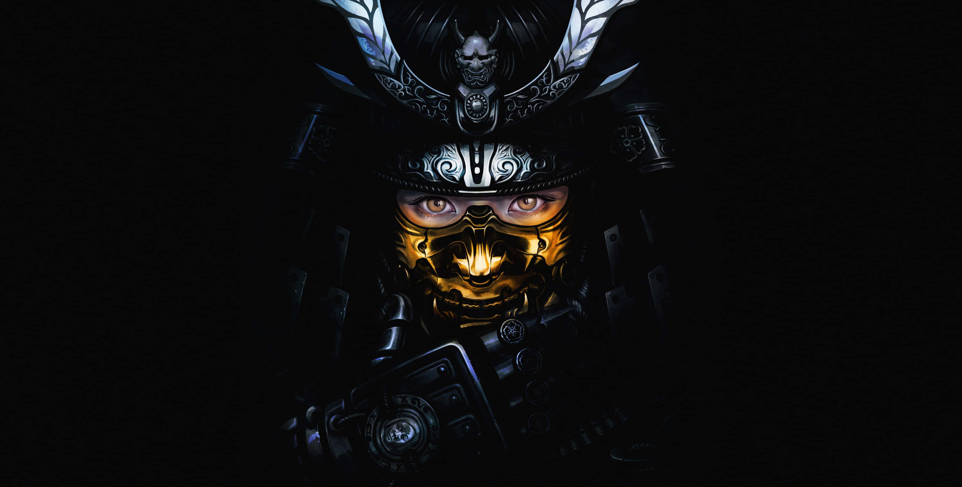 Dark Samurai, gold mask, ornate black armor, 2K Desktop Wallpaper