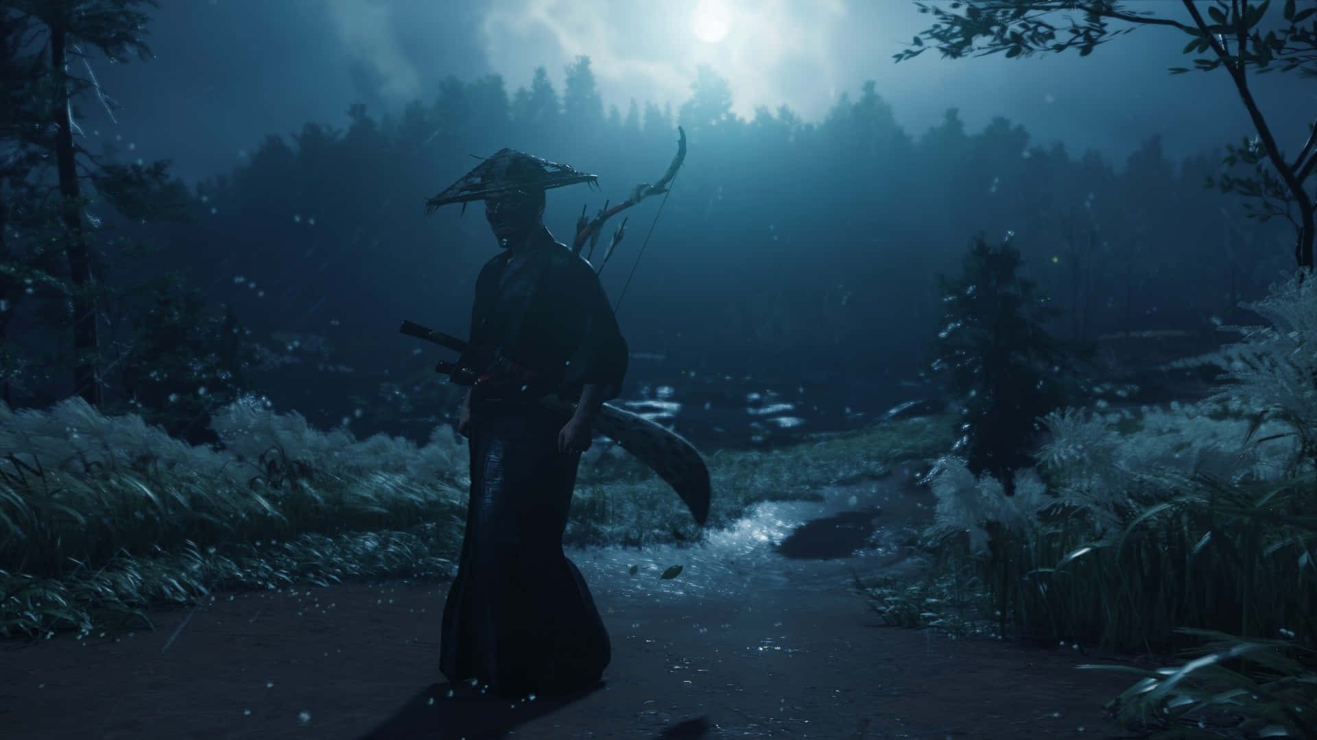 Dark Samurai, misty forest path, glowing moon, Full HD Desktop Wallpaper
