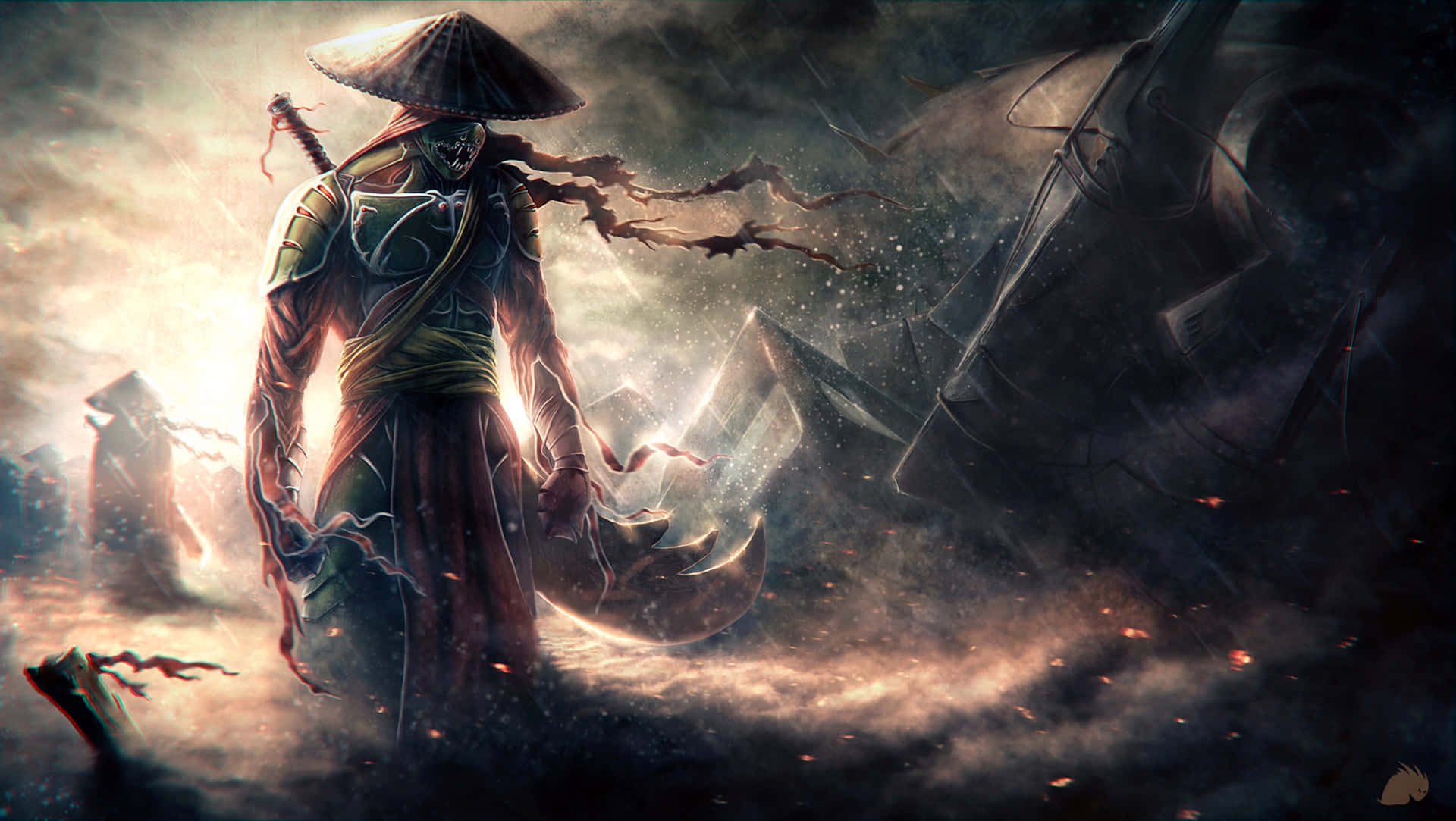 Dark Samurai, conical hat, glowing blade, Full HD Desktop Wallpaper