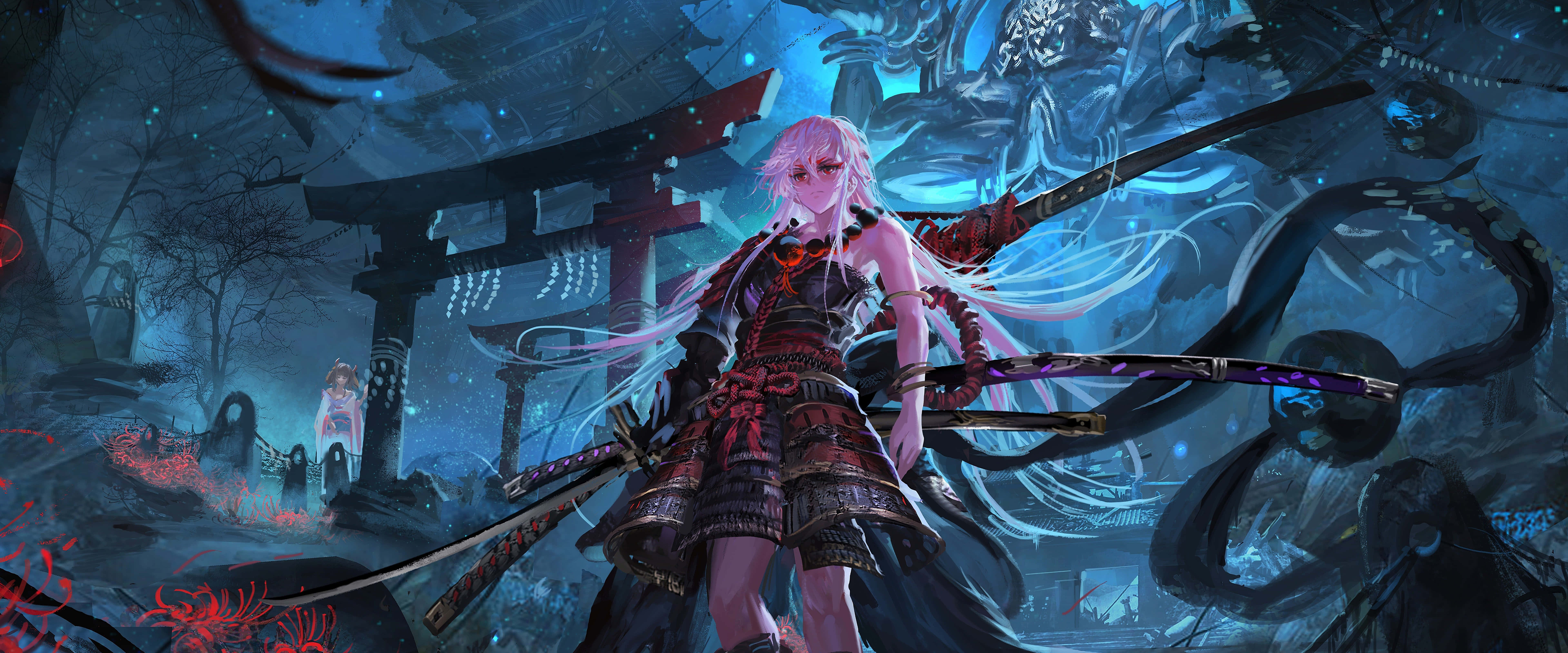 Dark Samurai, pink-haired warrior, red armor, 8K Desktop Wallpaper