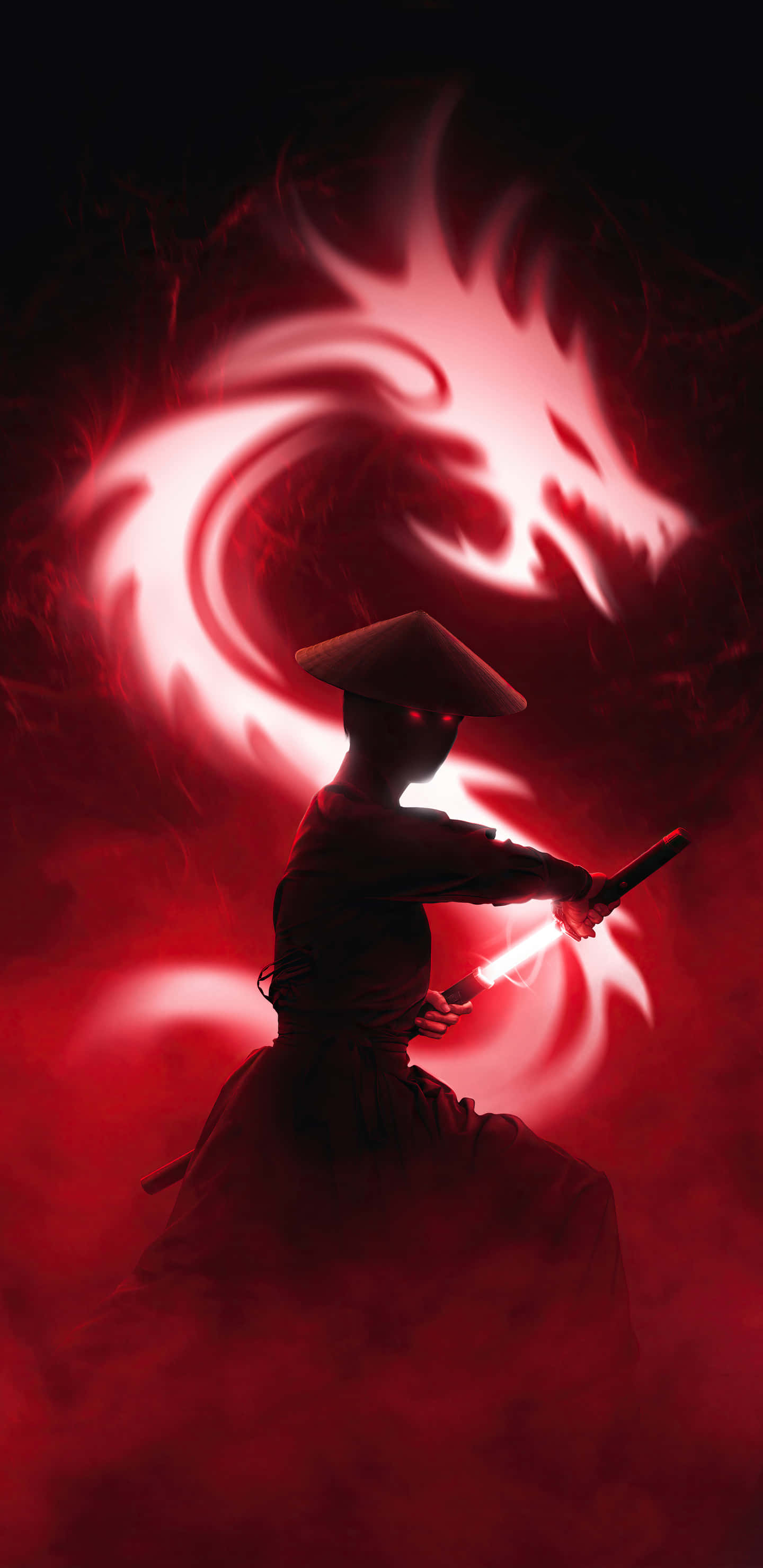 Dark Samurai, red dragon, glowing red sword, 2K Phone Wallpaper