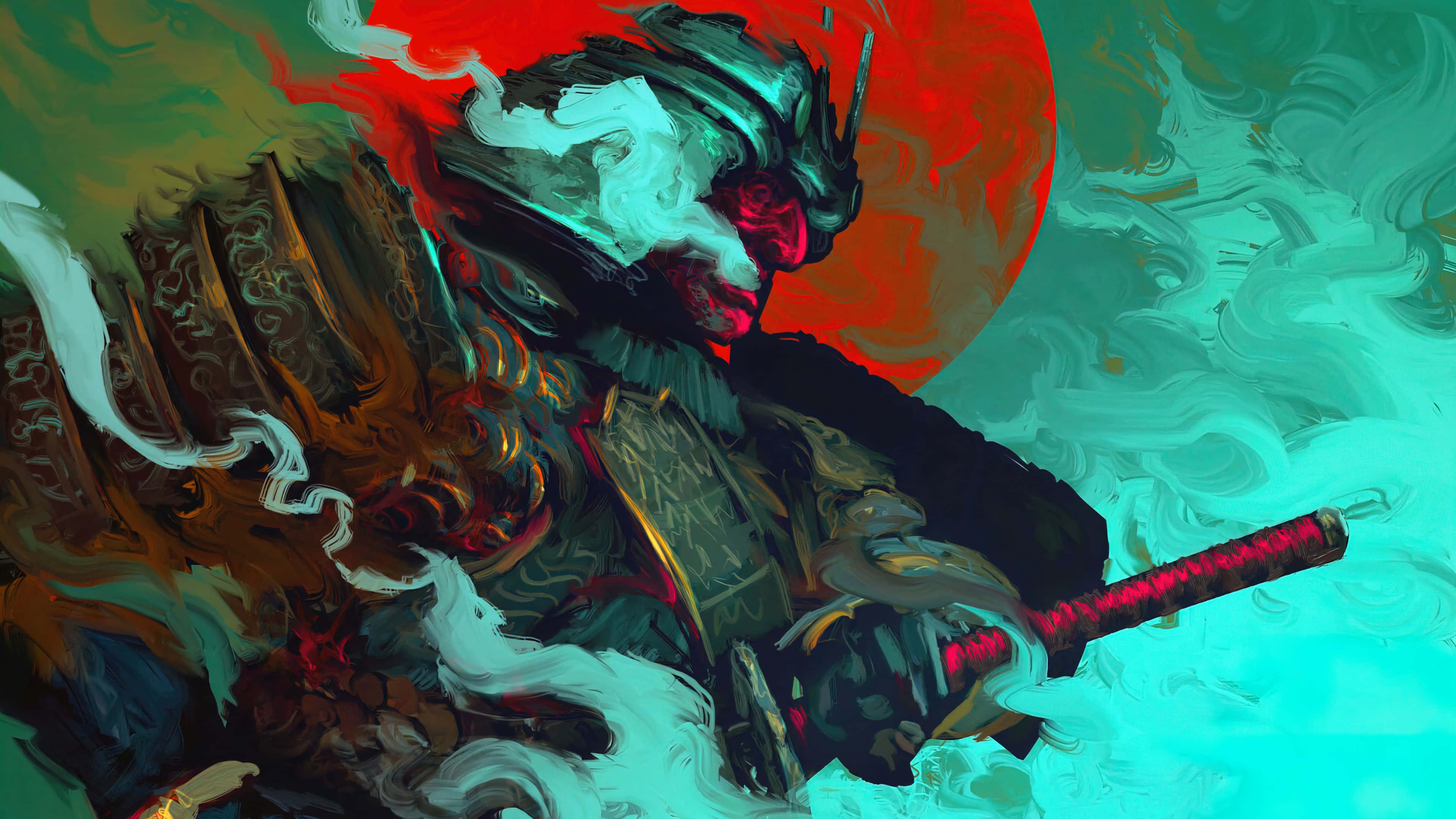 Dark Samurai, katana, red and teal background, 4K Desktop Wallpaper