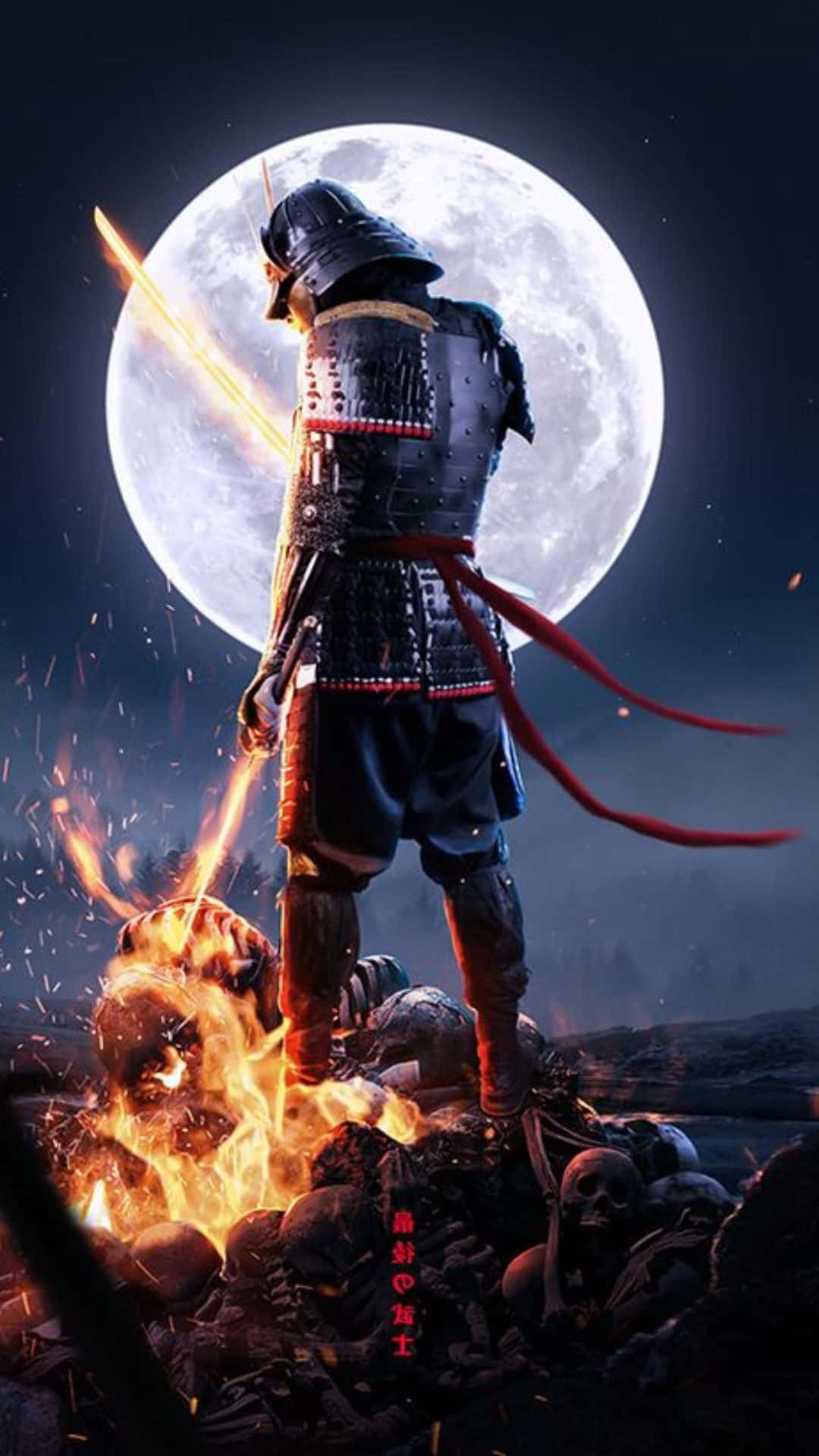 Dark Samurai, full moon, glowing sword, Full HD Phone Wallpaper