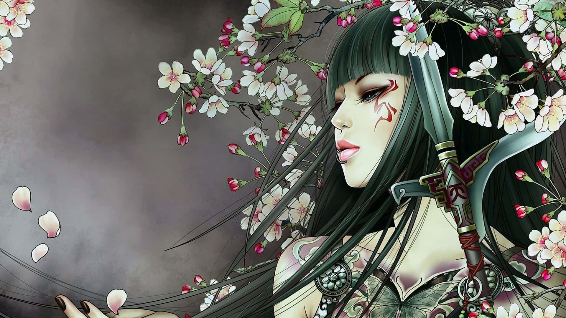 Dark Samurai, cherry blossoms, anime warrior woman, Full HD Desktop Wallpaper