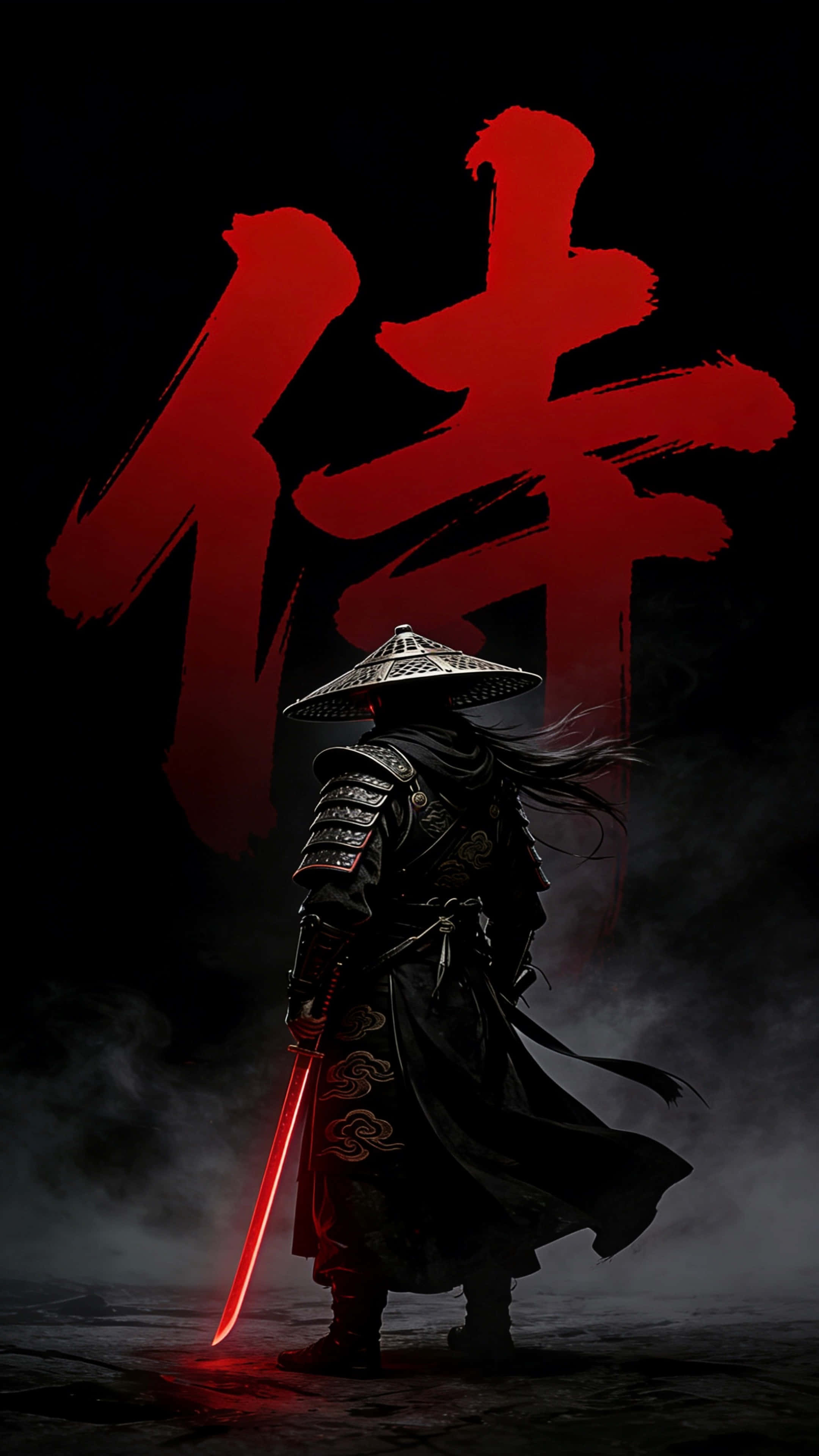Black Samurai, black armor, glowing red katana, 4K Phone Wallpaper
