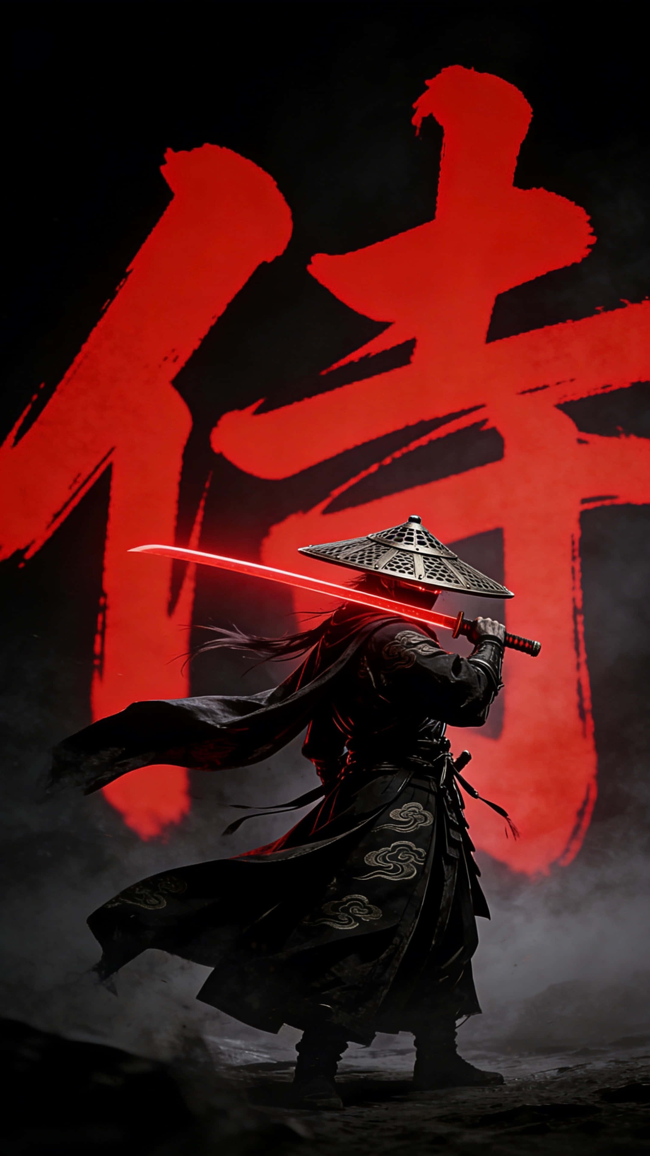 Black Samurai, black armor, conical hat, 4K Phone Wallpaper