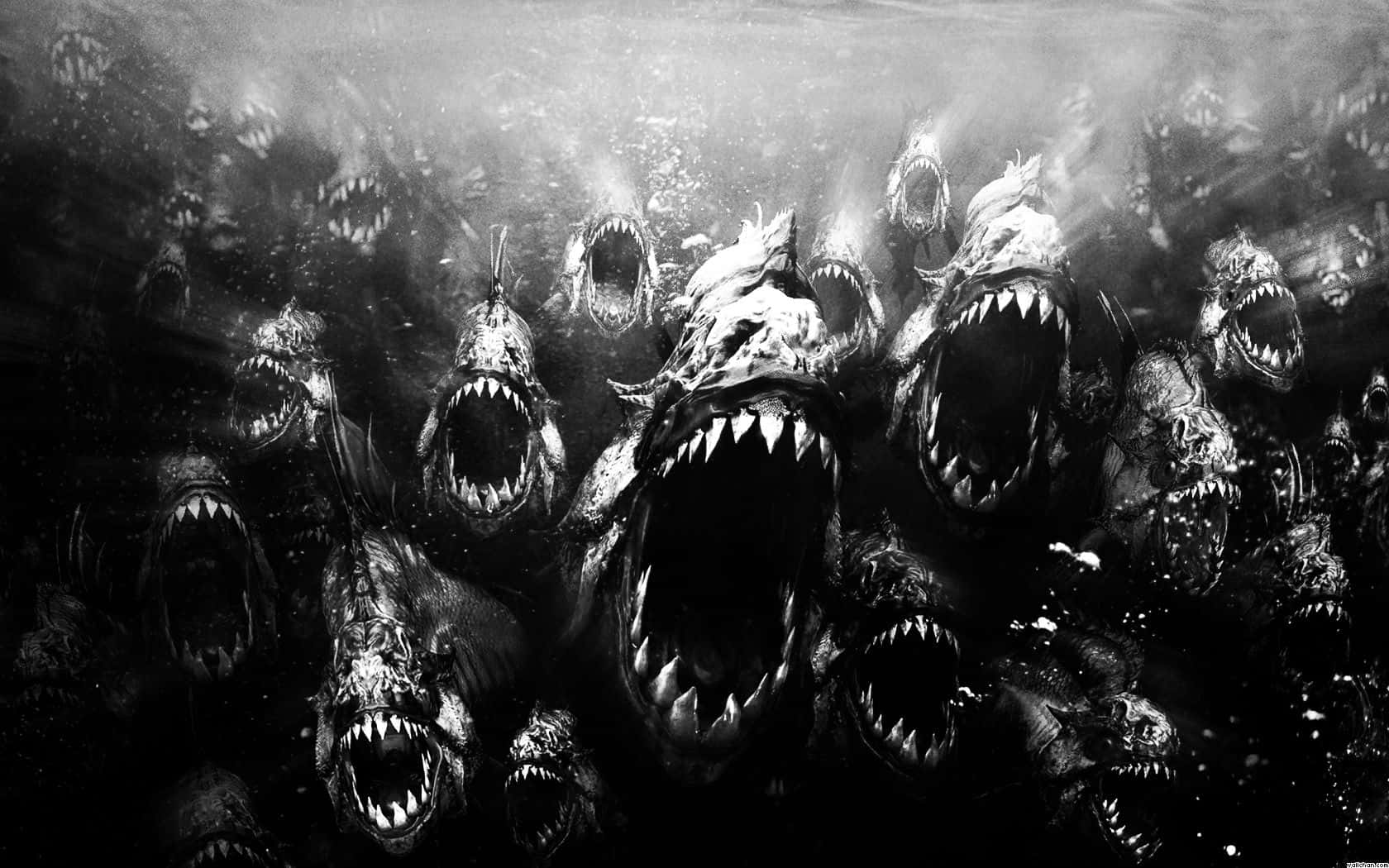 monochrome, underwater horror scene, swarm of grotesque, toothy fish creatures, HD Desktop Wallpaper