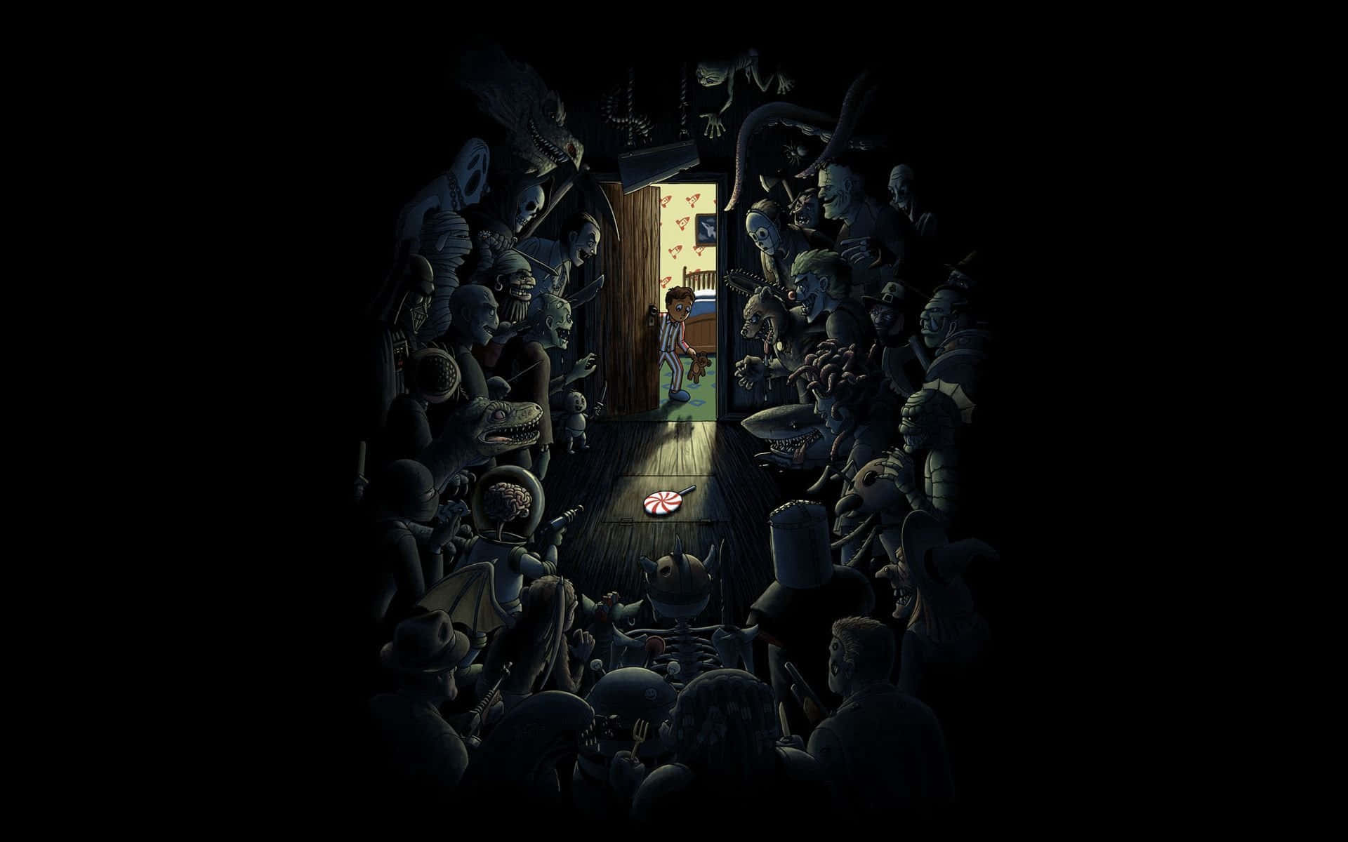 child, brightly lit doorway, crowd of grotesque monsters, Full HD Desktop Wallpaper