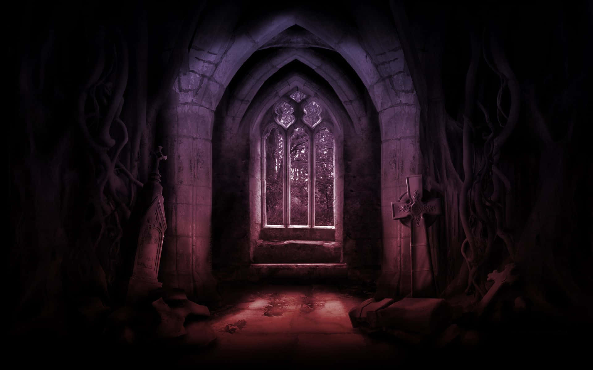 gothic crypt, twisted roots, tombstones, Full HD Desktop Wallpaper