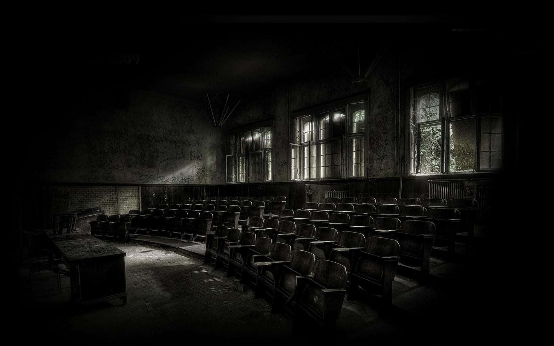 Abandoned Classroom, dusty wooden chairs, dim light, Full HD Desktop Wallpaper