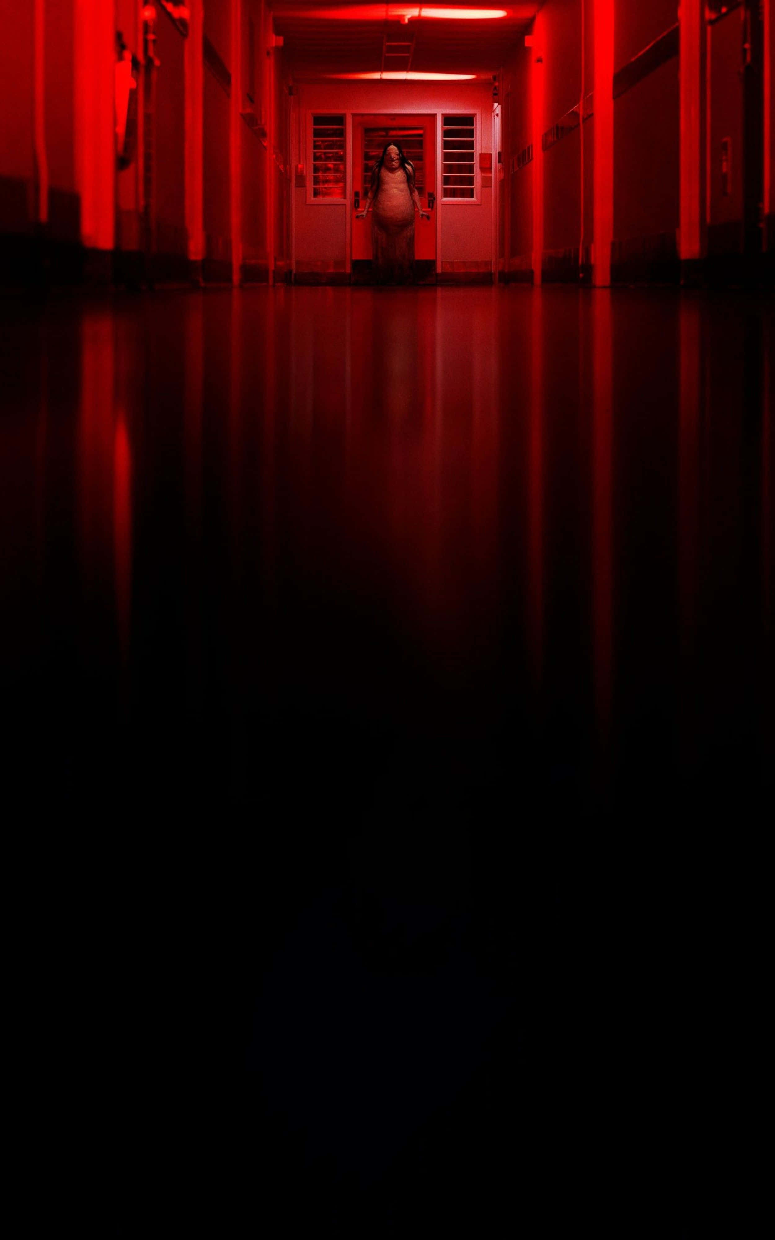 red-lit hallway, reflective floor, stark shadows, 4K Phone Wallpaper