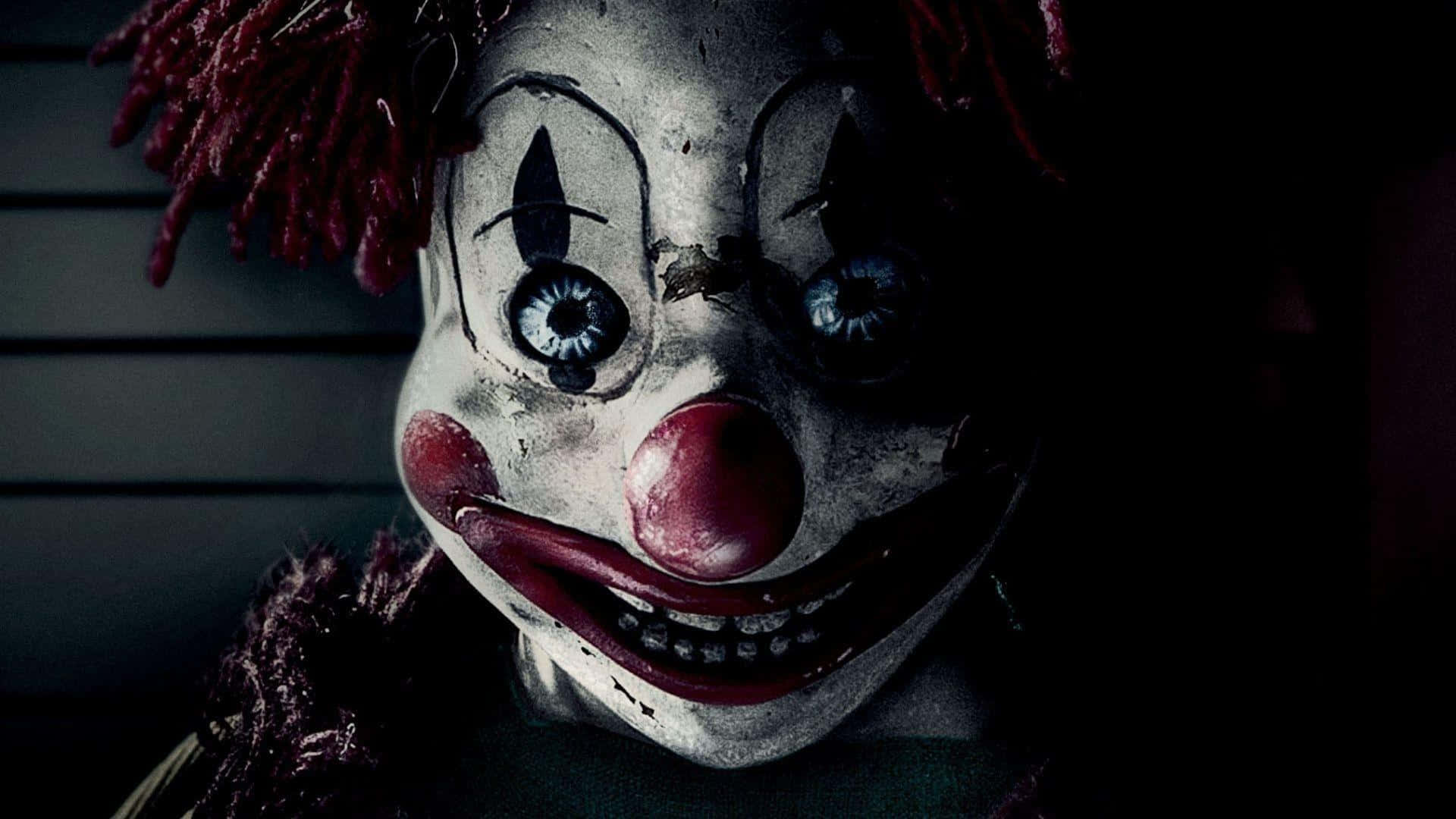 decaying clown mask, cracked paint, glowing blue eyes, Full HD Desktop Wallpaper