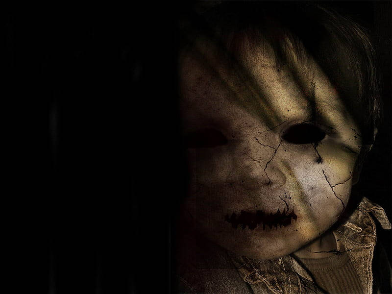 cracked porcelain doll, stitched mouth, hollow eyes, SD Desktop Wallpaper