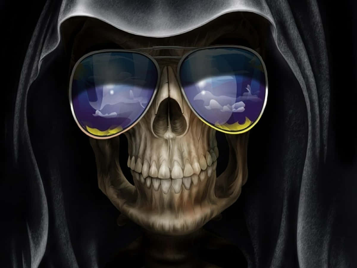 grim reaper skull, dark hood, reflective sunglasses, SD Desktop Wallpaper