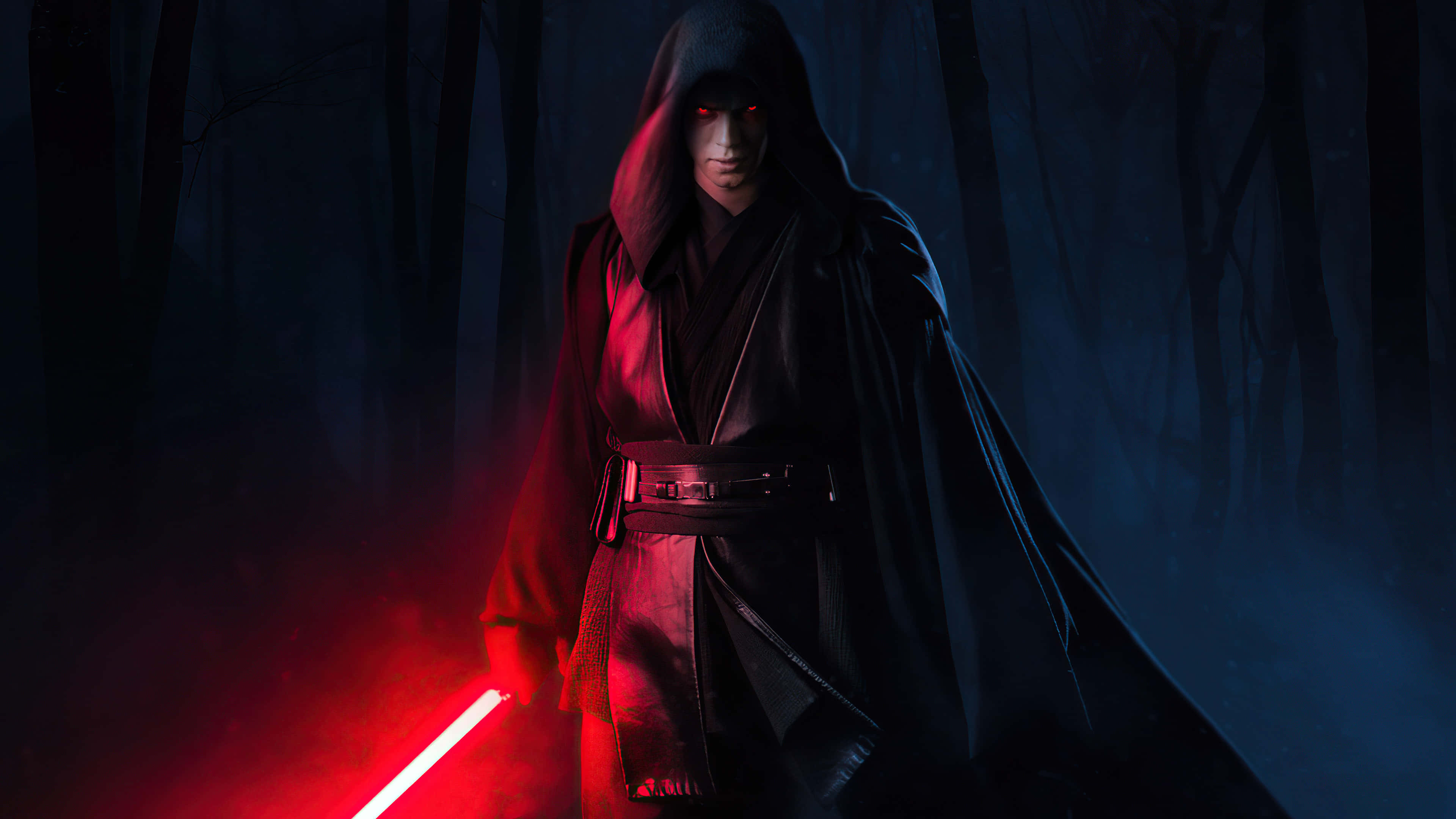 Dark Figure, red lightsaber, glowing red eyes, 4K Desktop Wallpaper
