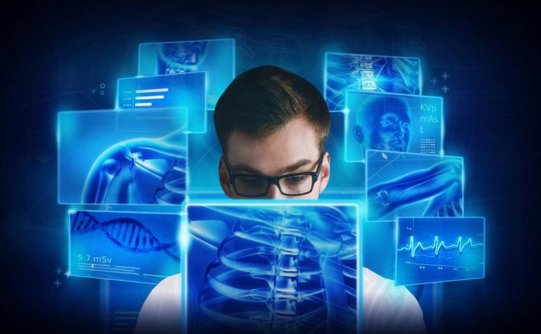 man, glasses, glowing blue holographic medical scans, SD Desktop Wallpaper