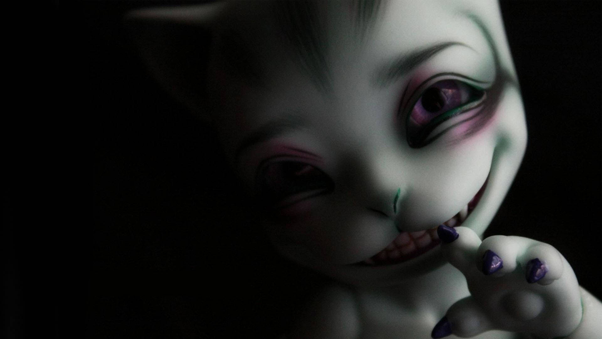 evil-looking baby, pale doll-like cat, purple eyes, Full HD Desktop Wallpaper