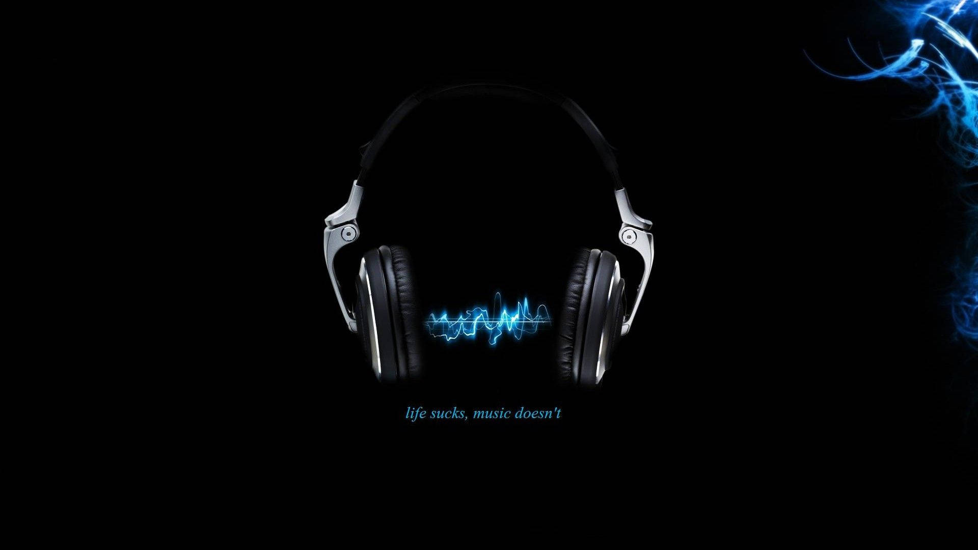 black over-ear headphones, blue electric sound waves, dark background, Full HD Desktop Wallpaper