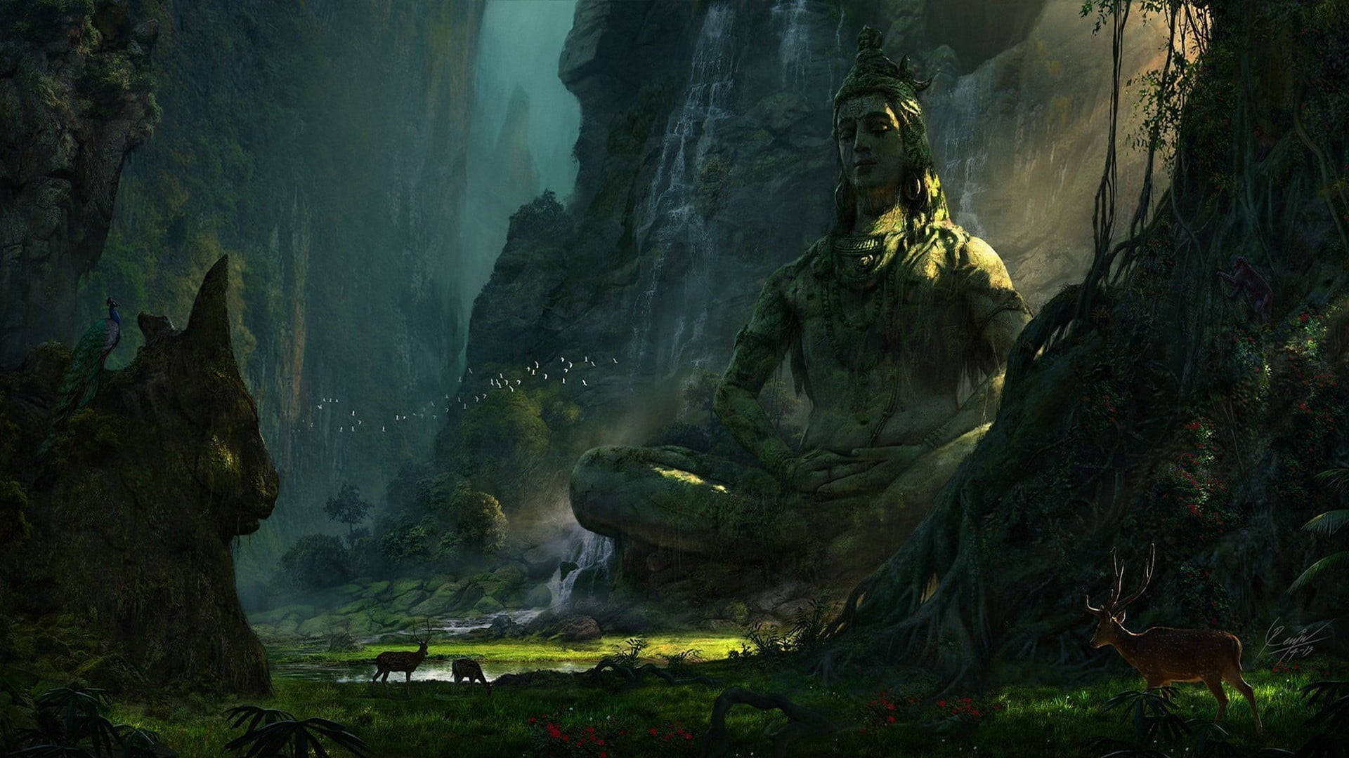 Dark Shiva, moss-covered stone statue, meditating figure, Full HD Desktop Wallpaper