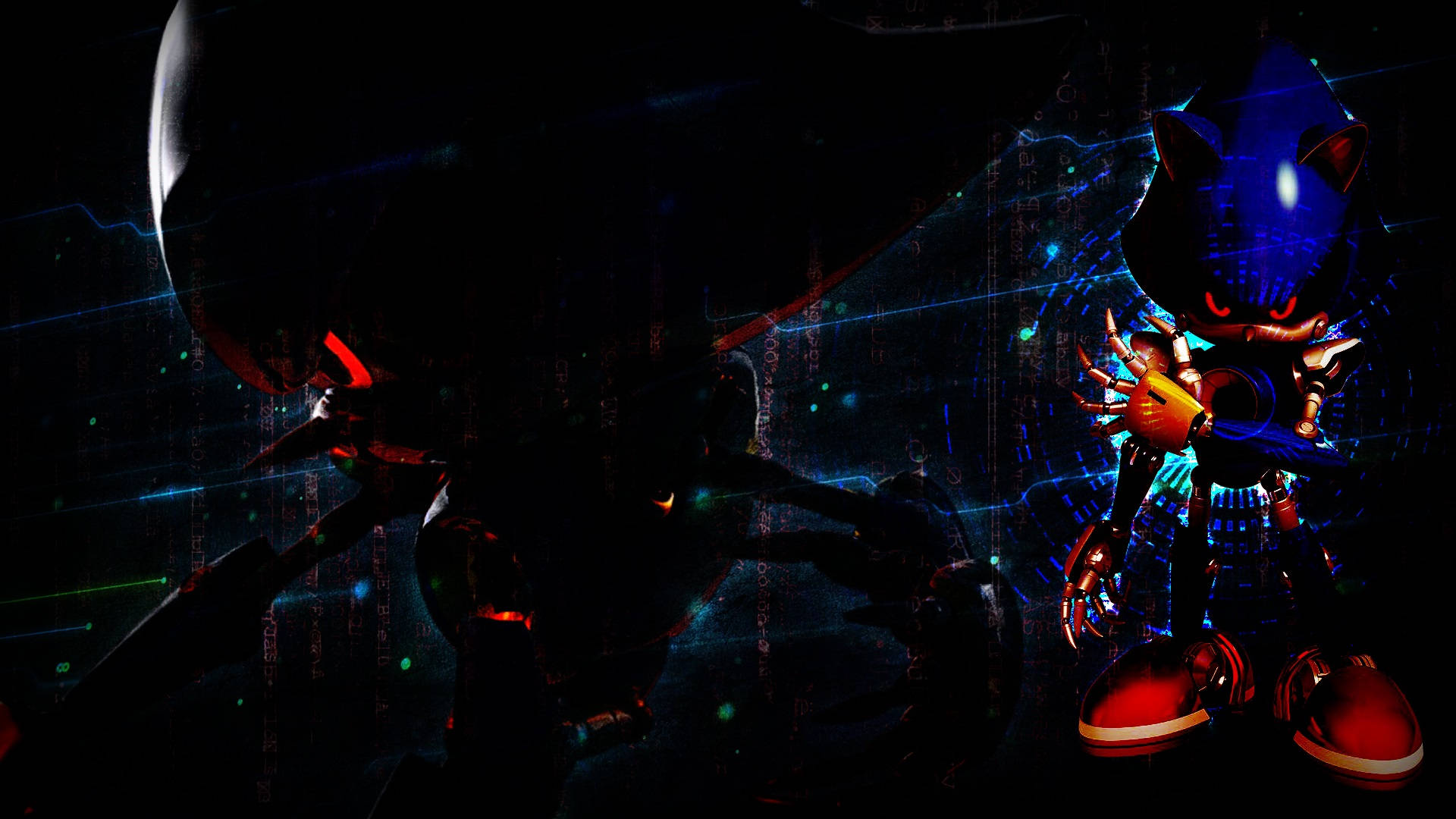 Dark Sonic, glowing blue hedgehog, shadowy robotic figure, Full HD Desktop Wallpaper