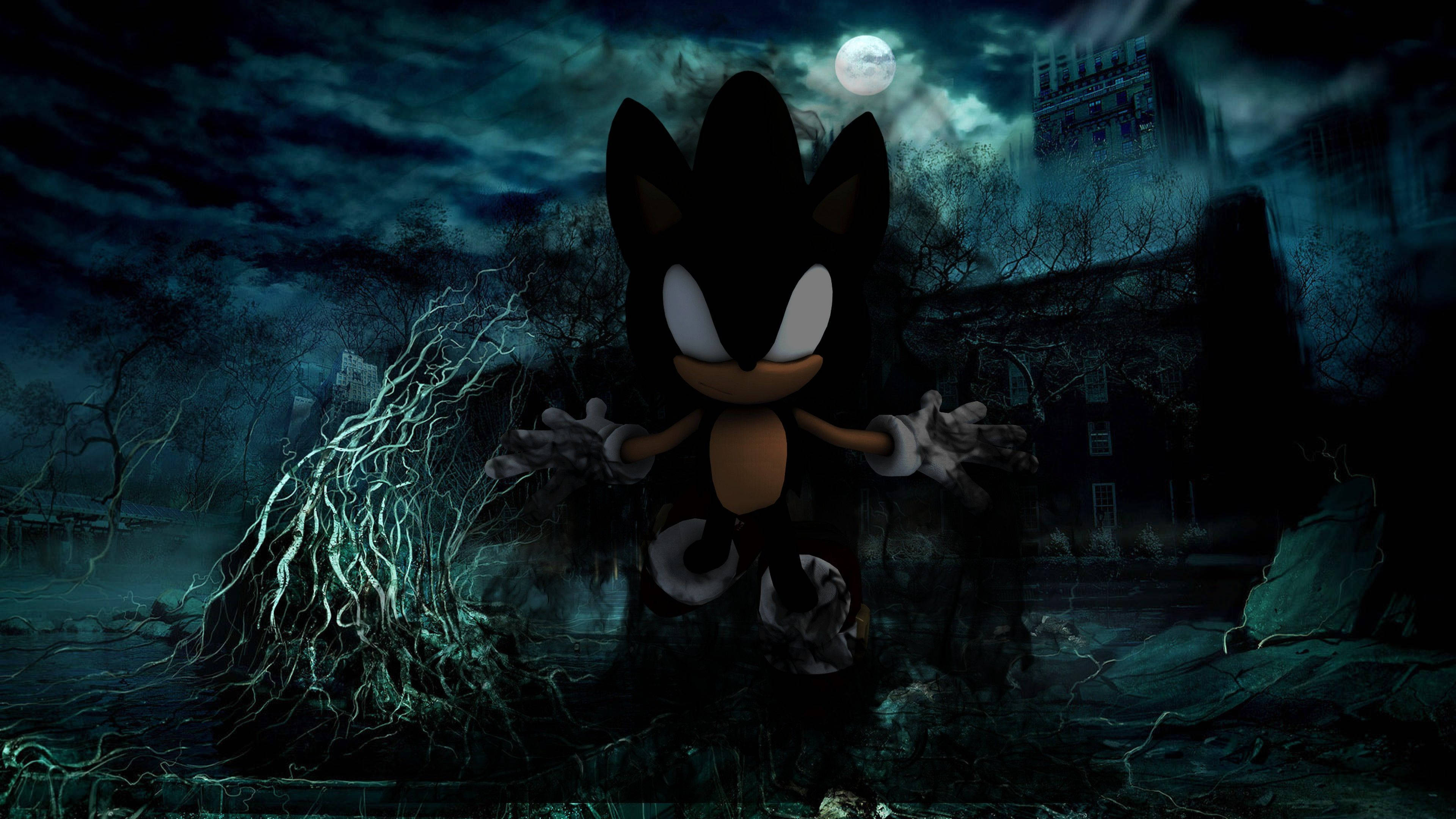 Dark Sonic, halloween aesthetic, eerie moonlit ruins, 4K Desktop Wallpaper