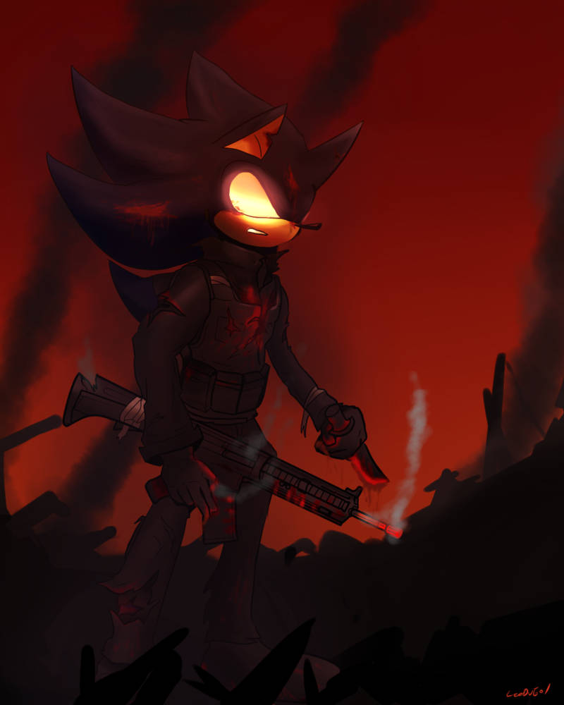 Dark Sonic, glowing orange eyes, smoking rifle, SD Phone Wallpaper