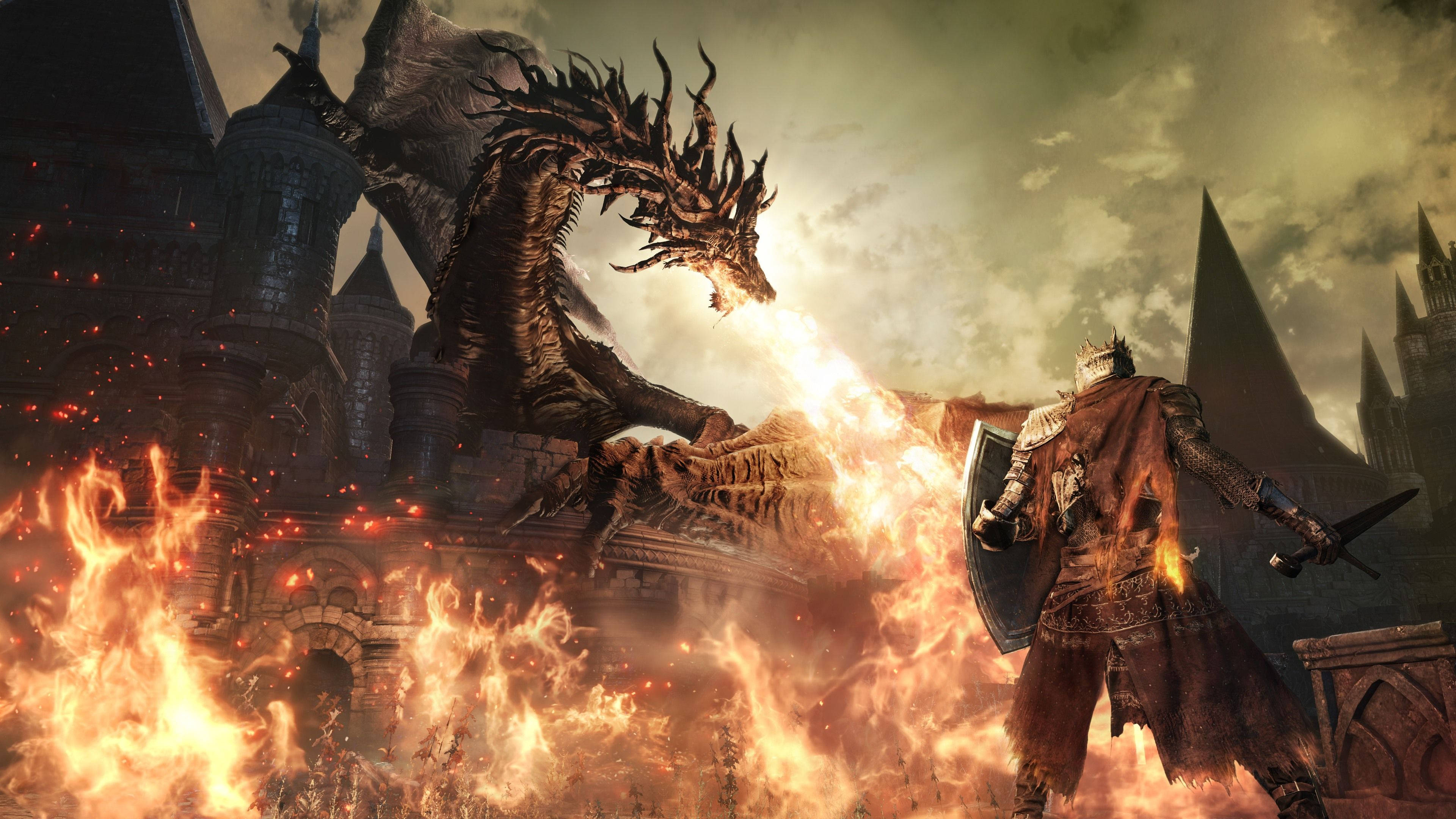 Dark Souls 3, fire breathing Lothric Wyvern, burning castle, 4K Desktop Wallpaper