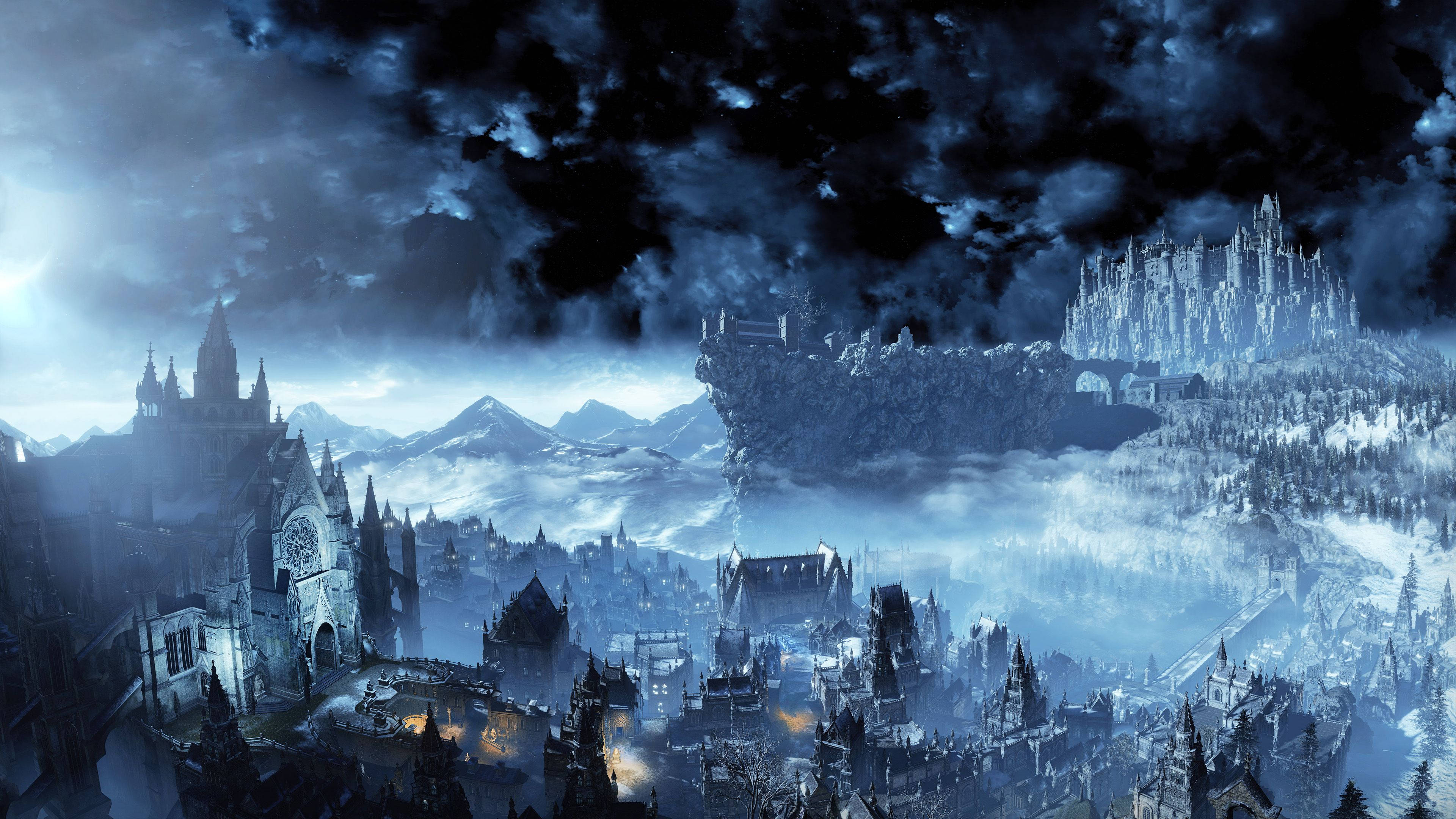 Dark Souls 3, gothic cityscape, stormy night sky, 4K Desktop Wallpaper