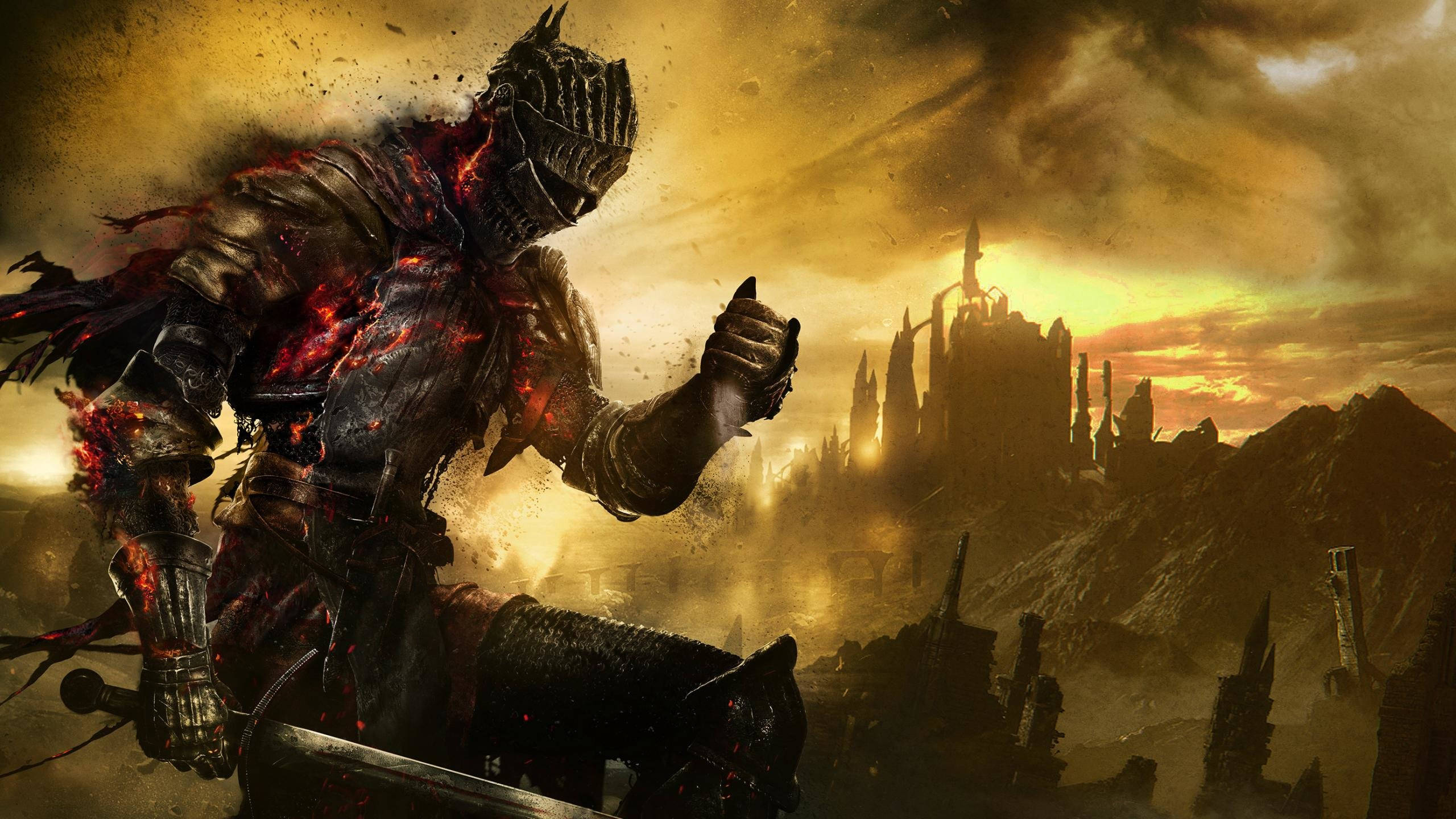 Dark Souls 3, knight in dark armor, glowing red wounds, 2K Desktop Wallpaper