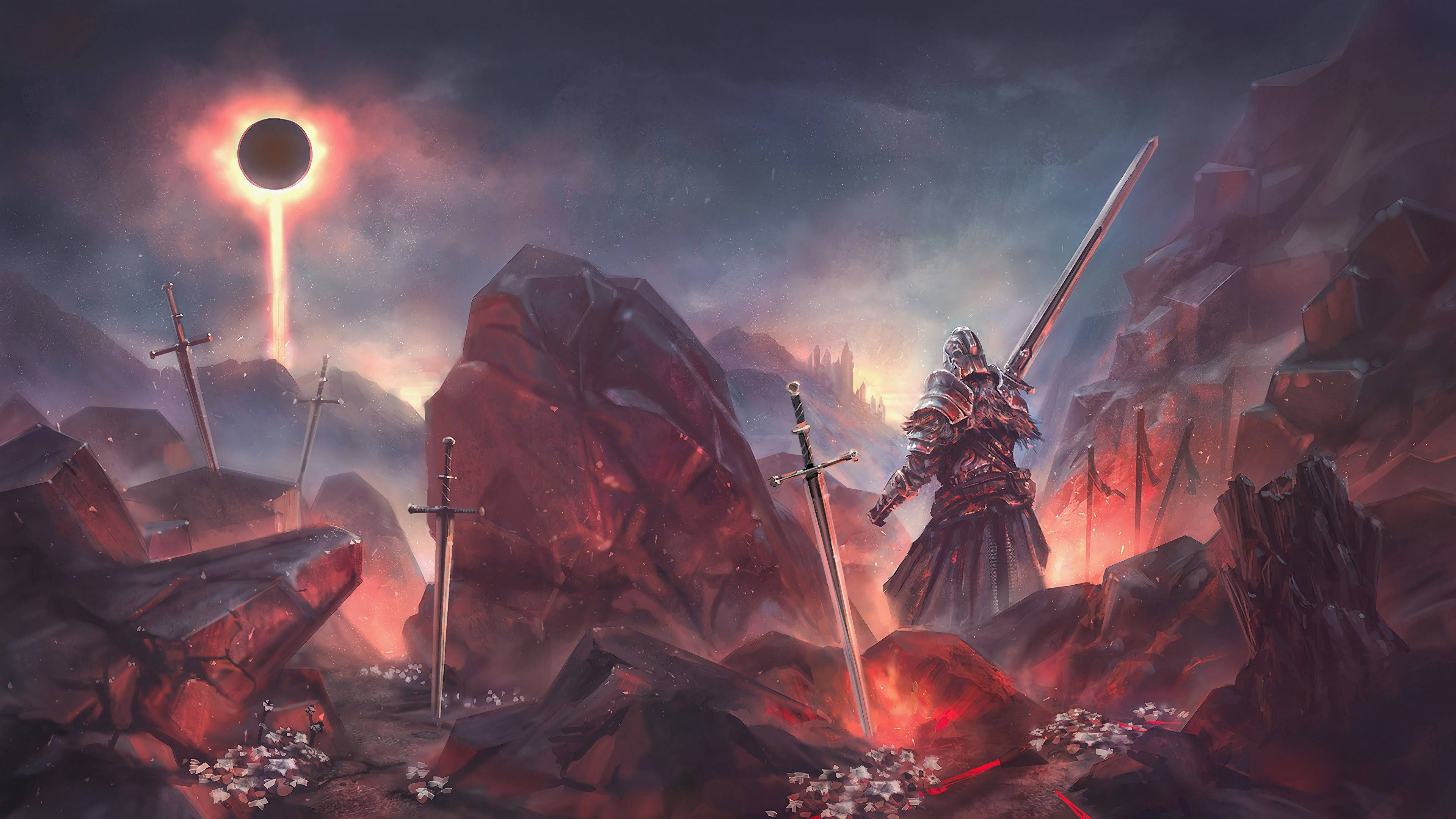 Dark Souls 4K, battlefield, solar eclipse, 4K Desktop Wallpaper